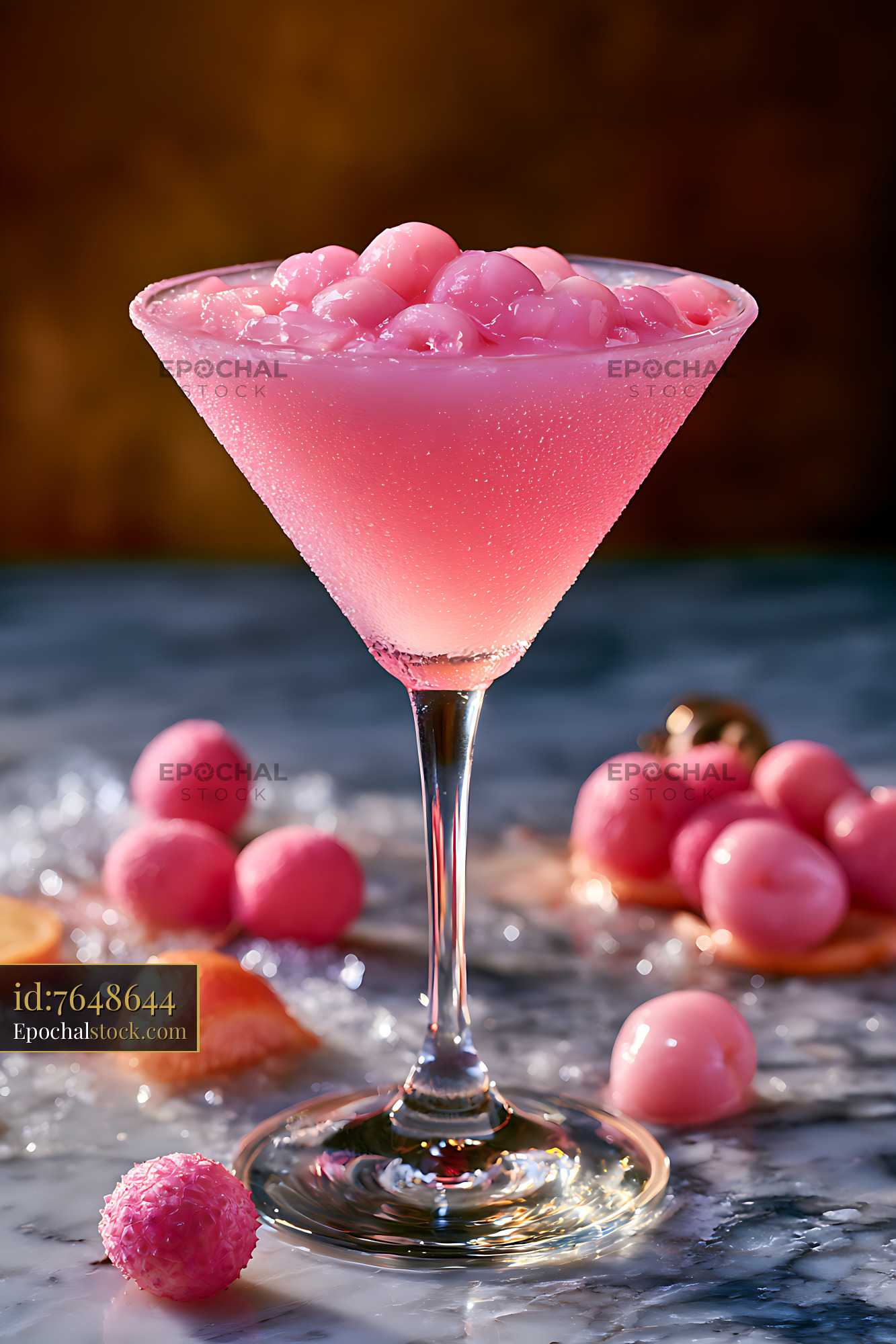 Watermarked full-resolution preview of Pink fruit drink with fruit in a martini glass