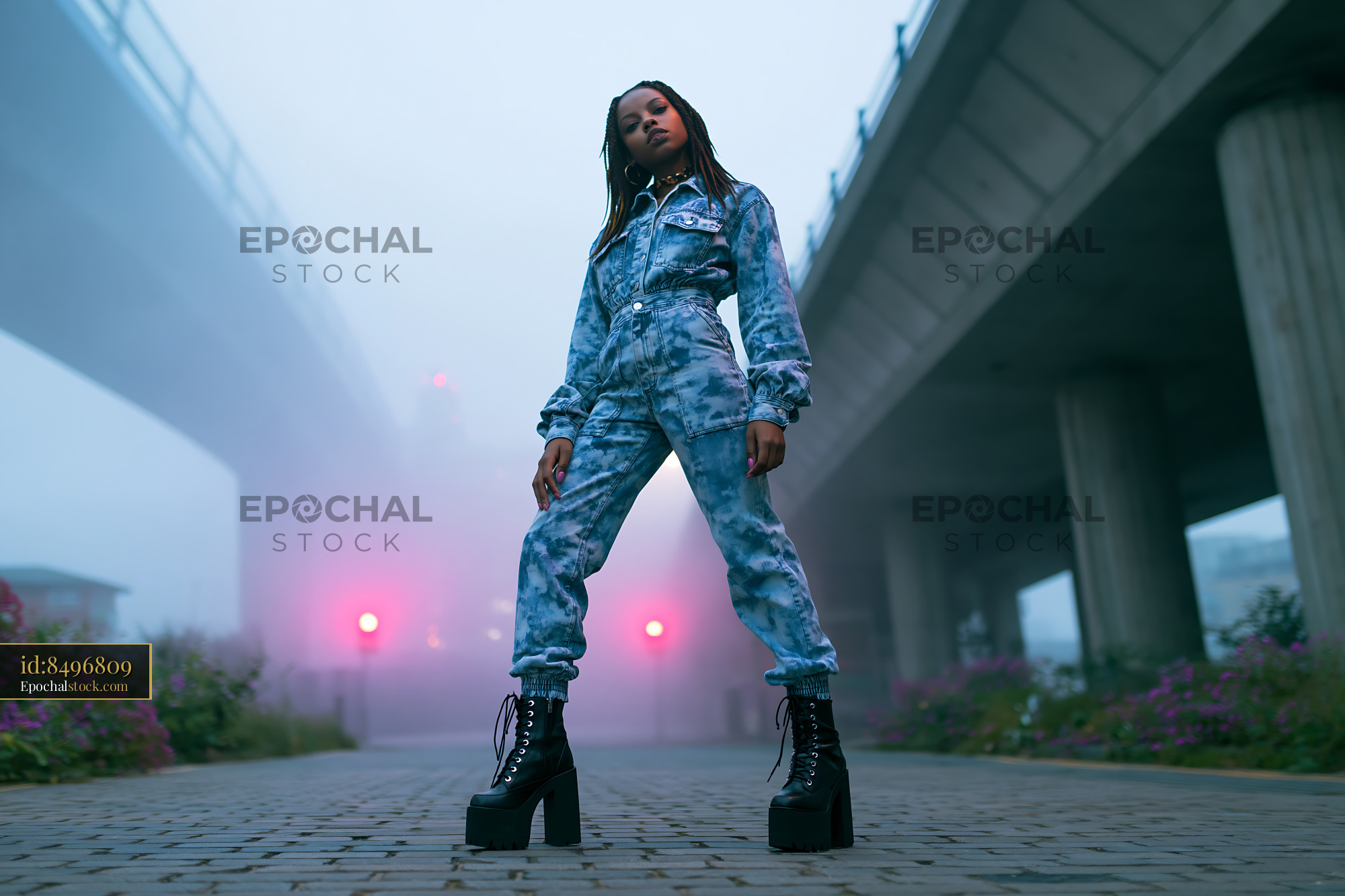 Watermarked full-resolution preview of Model poses in blue attire under urban bridge in fog
