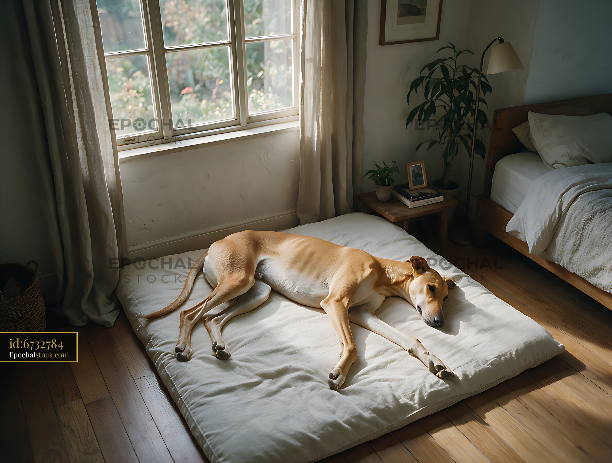 Watermarked full-resolution preview of Rare dog breed resting on a mattress at home