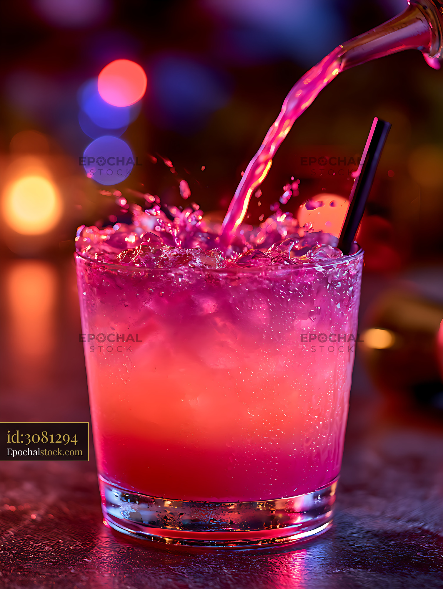 Watermarked full-resolution preview of Neon-lit pink cocktail with saxophone and splash