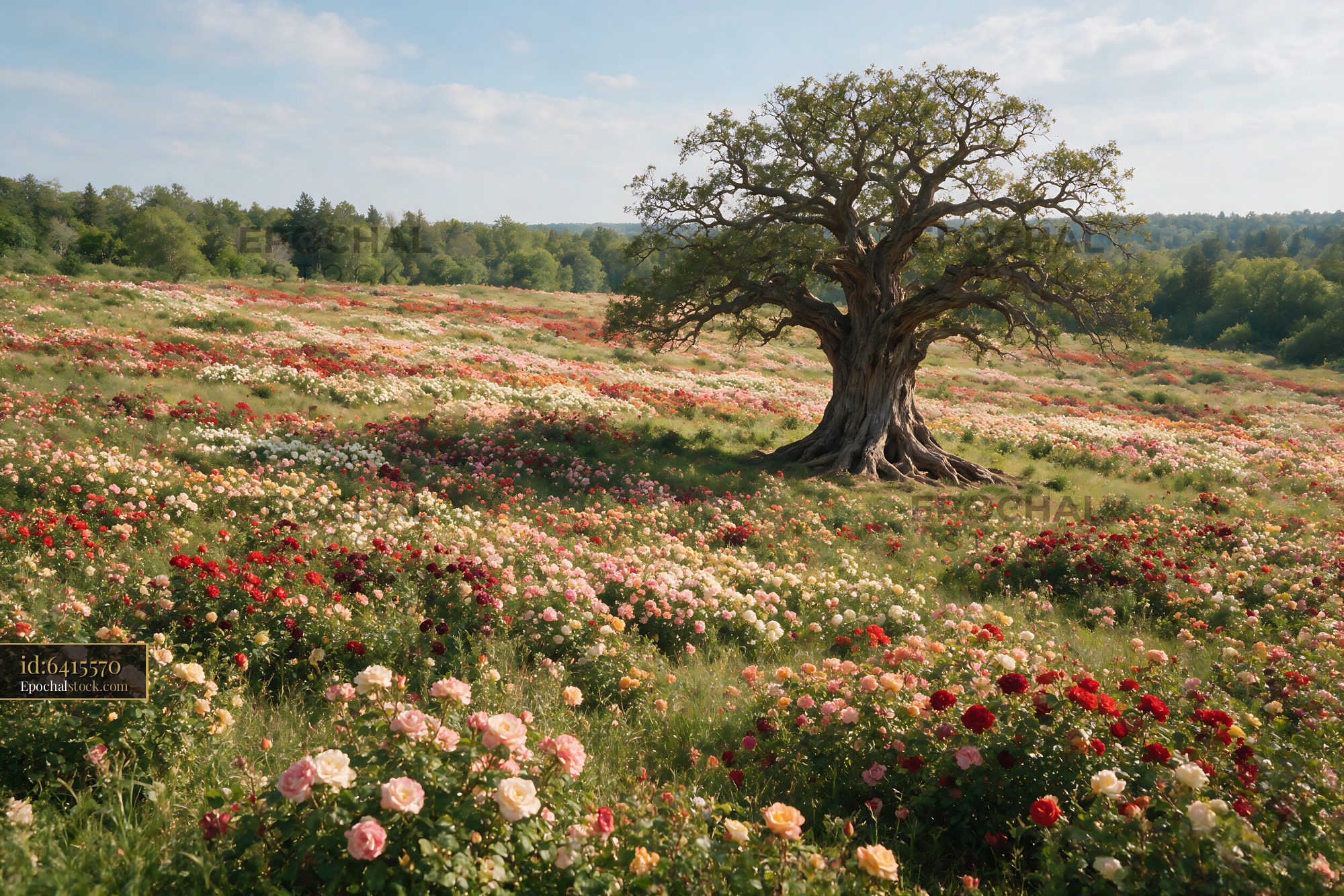 Watermarked full-resolution preview of Field of roses with a lone tree under blue sky