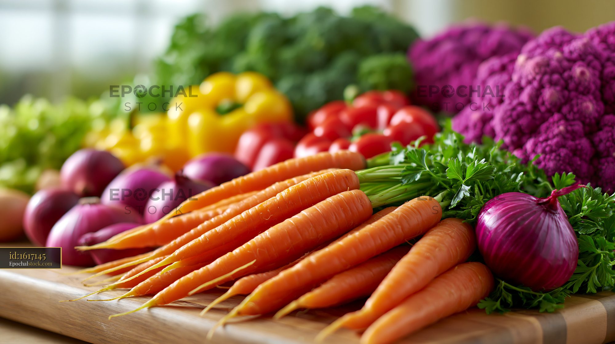 Watermarked full-resolution preview of Fresh vegetables arranged on a wooden cutting board in a kitchen