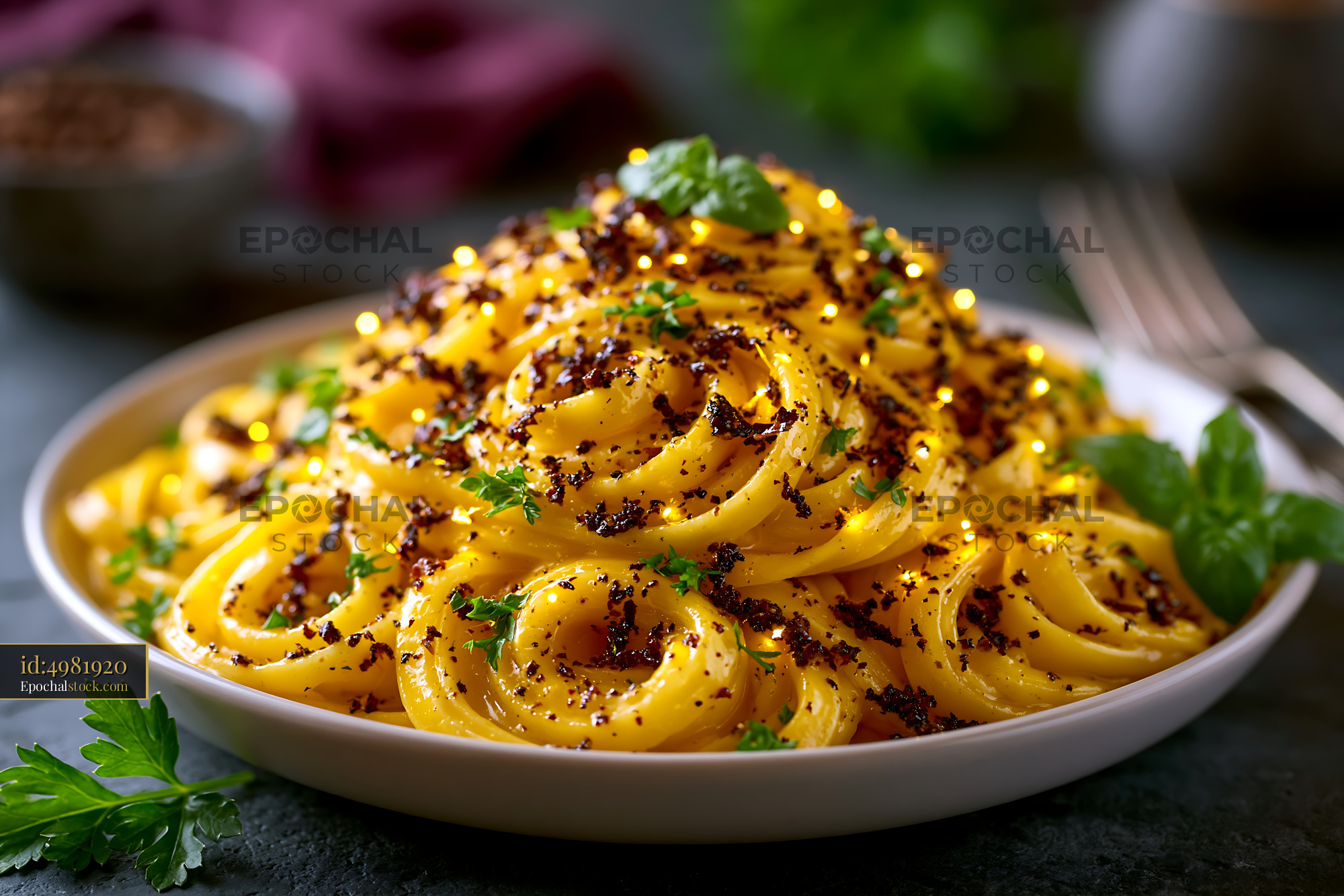 Watermarked full-resolution preview of Delicious pasta dish with herbs and spices on a dark background