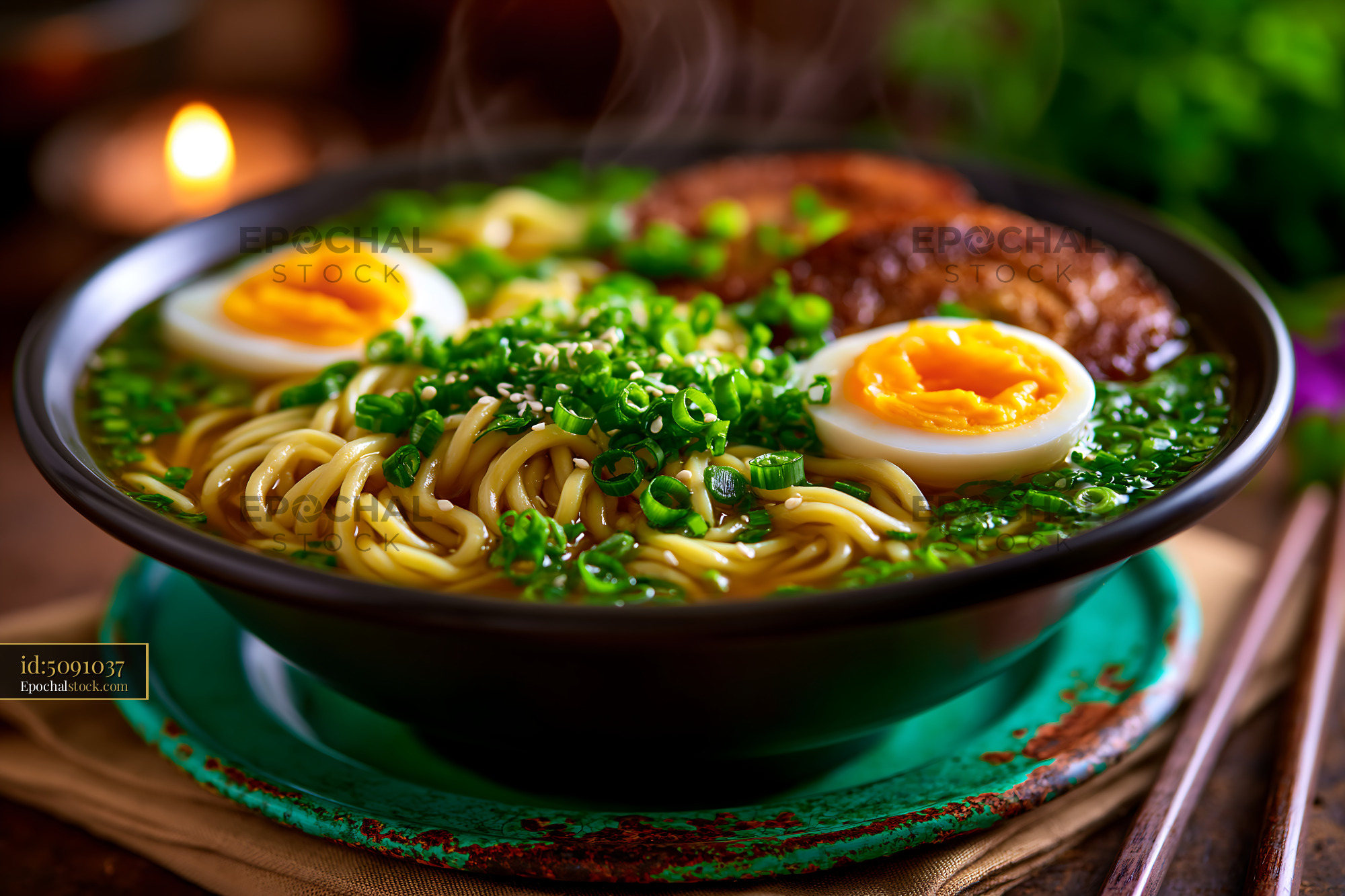 Watermarked full-resolution preview of Delicious bowl of ramen with eggs and green onions