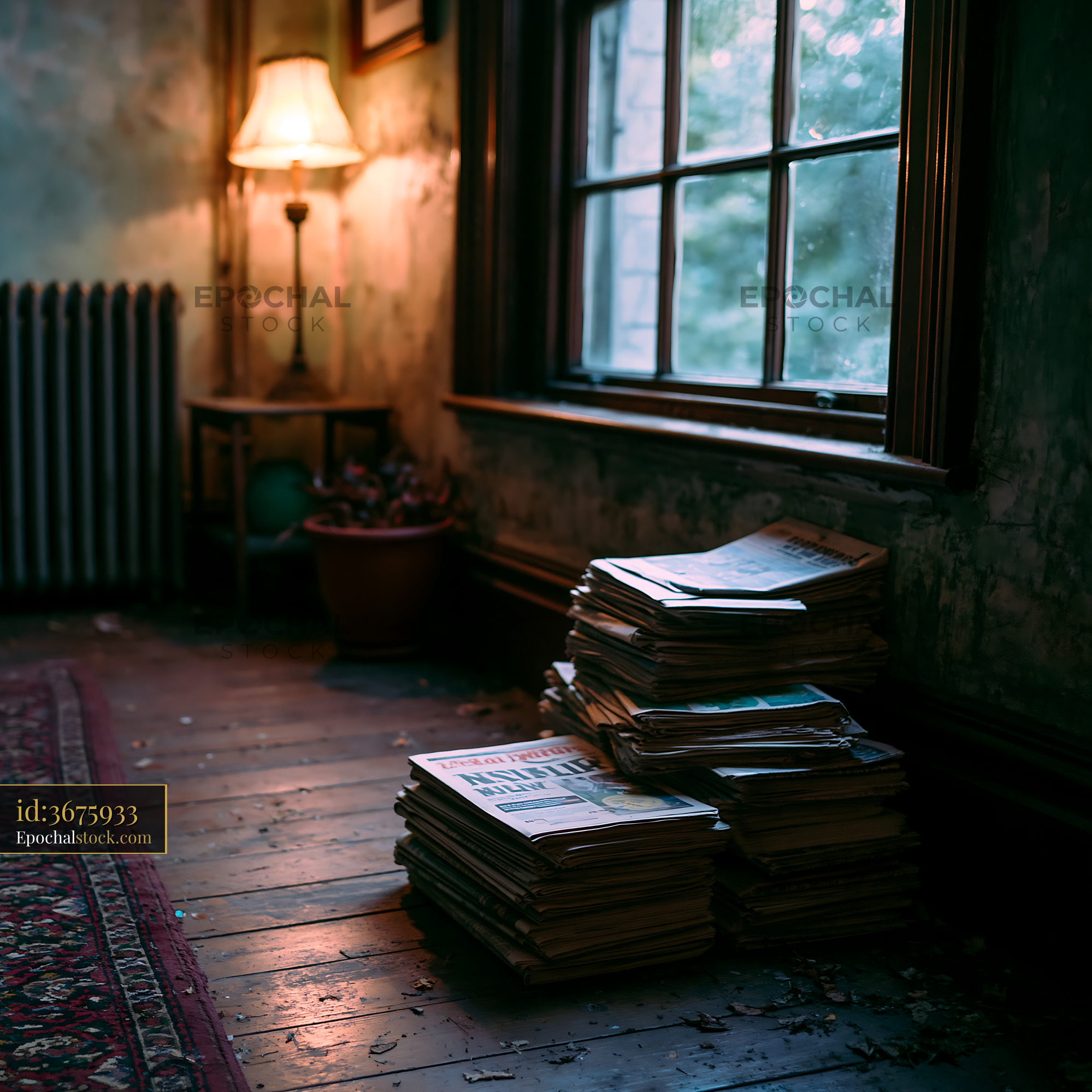 Watermarked full-resolution preview of Old newspapers stacked in a dimly lit room near a window