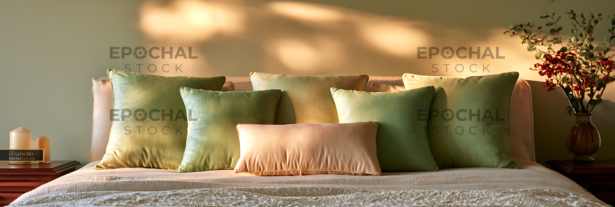 Watermarked full-resolution preview of Cozy bedroom interior with layered pillows and soft warm lighting
