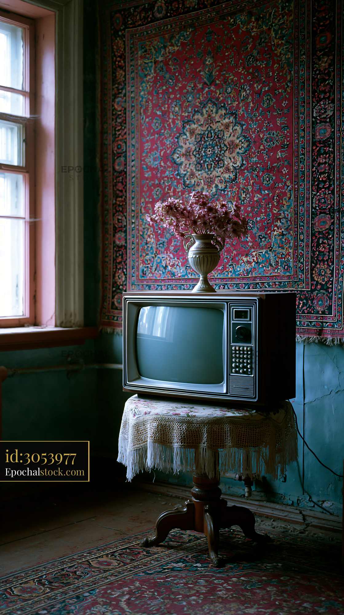 Watermarked full-resolution preview of Old television on a table with flowers in a room