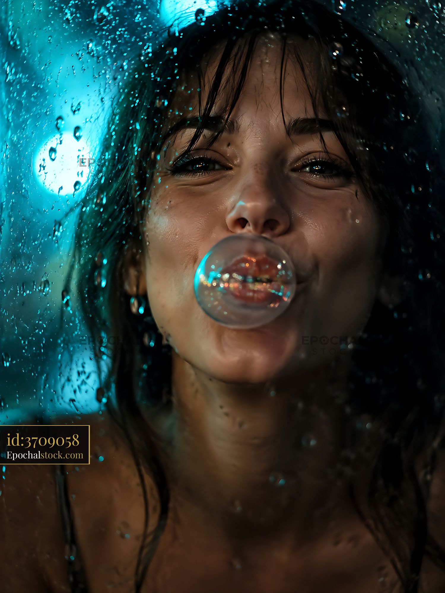 Watermarked full-resolution preview of Woman blowing bubble gum behind wet glass