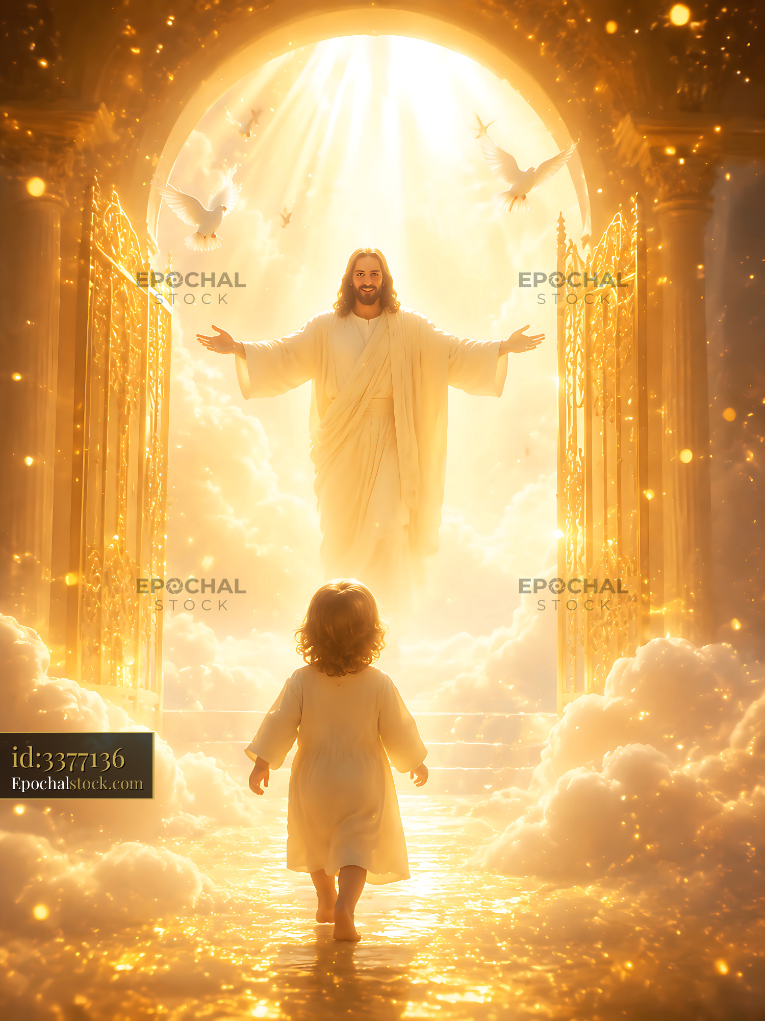 Watermarked full-resolution preview of Child approaches a figure in a bright heavenly scene