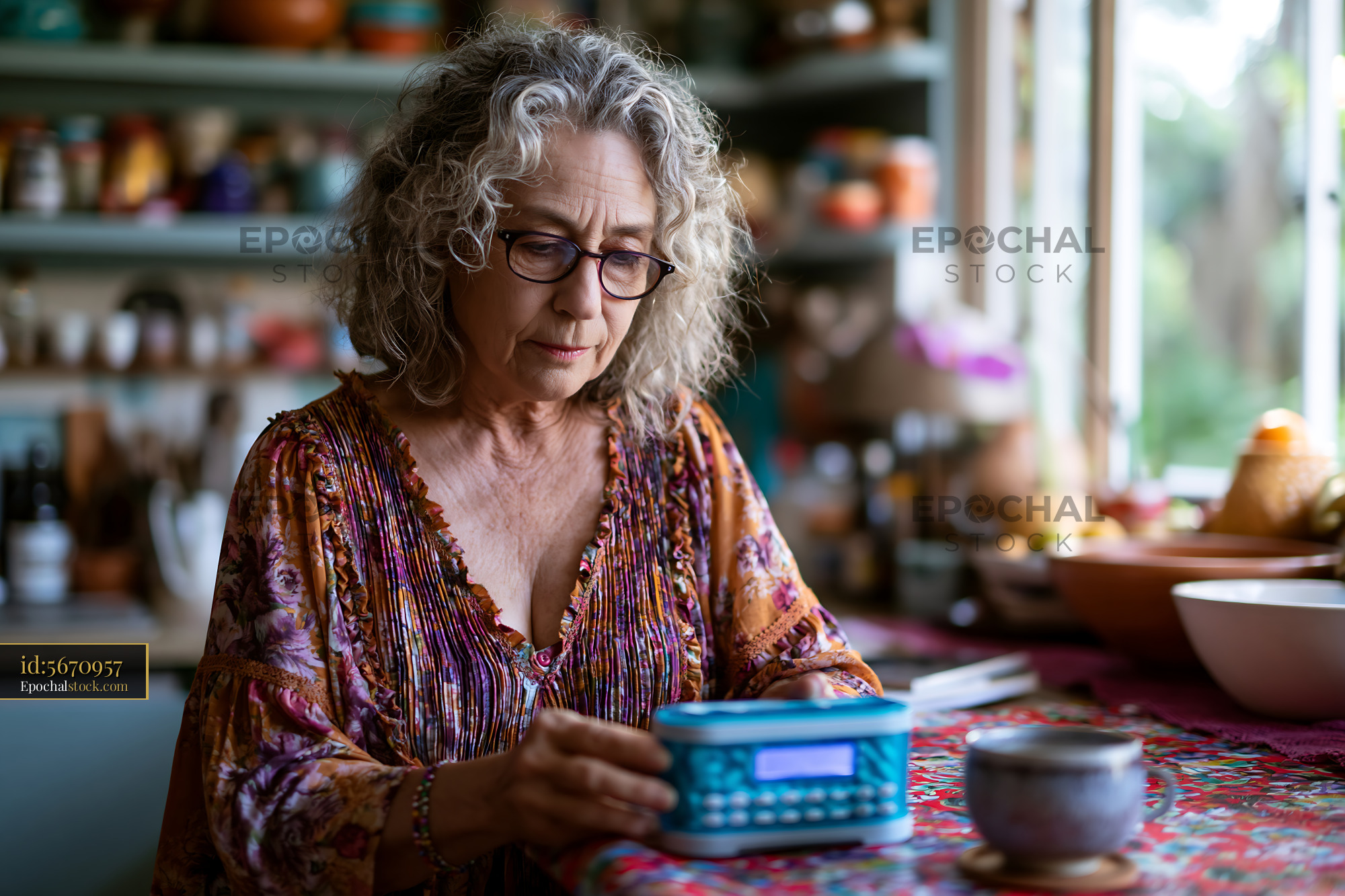 Watermarked full-resolution preview of Woman using a calculator in a kitchen setting