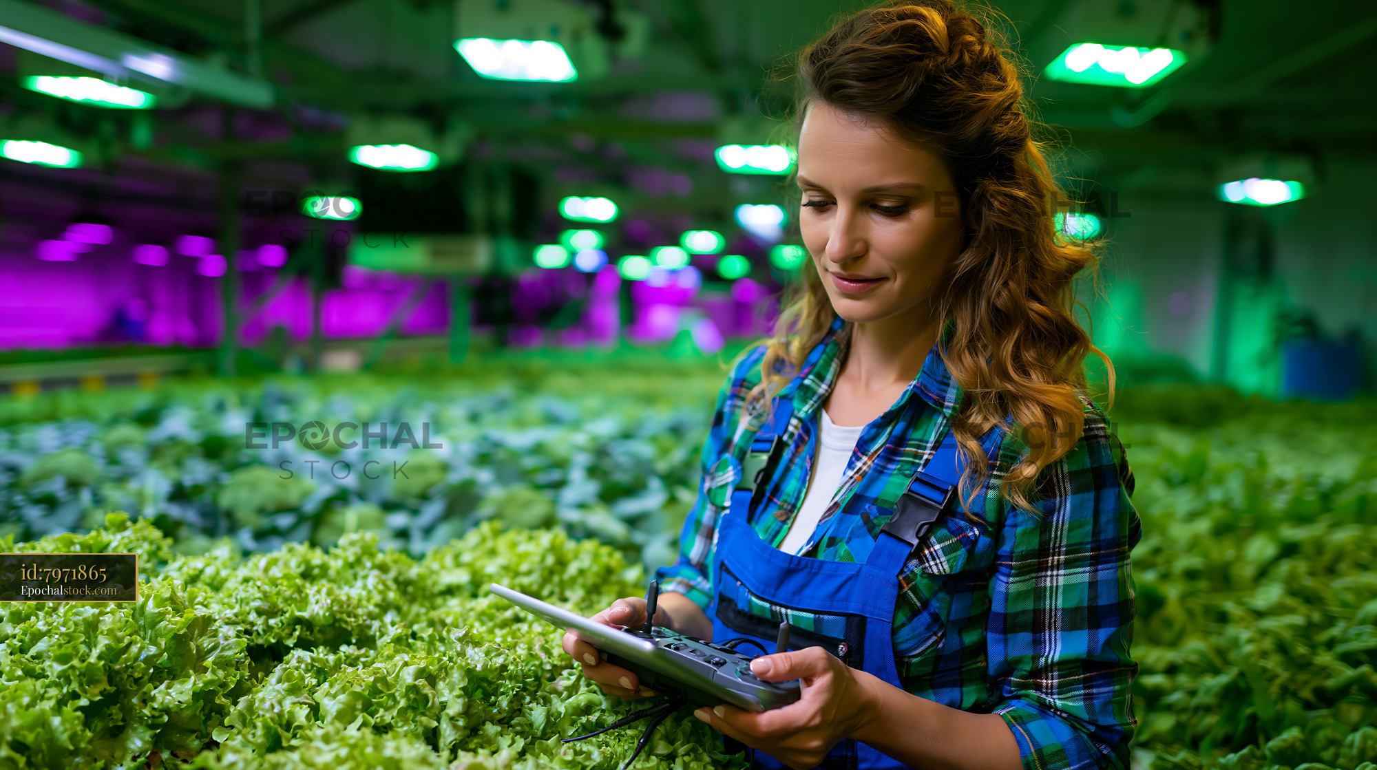 Watermarked full-resolution preview of Woman using tablet in hydroponic farm with green vegetables