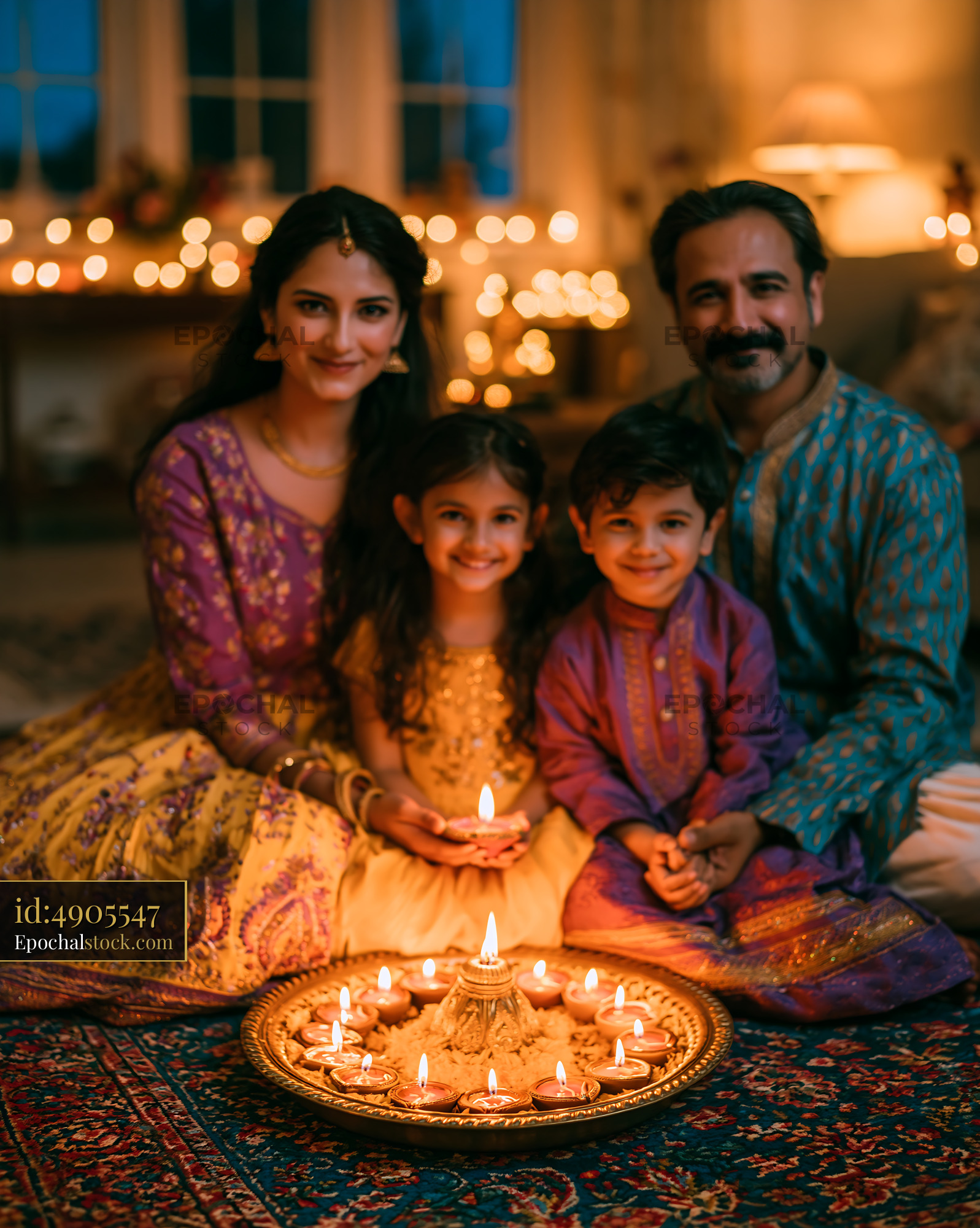Watermarked full-resolution preview of Family celebration during festival with candles and decorations