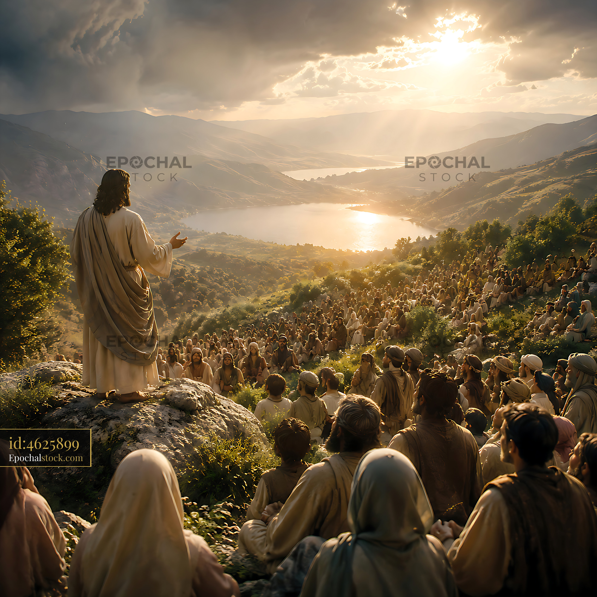 Watermarked full-resolution preview of Jesus speaks to a large crowd on a hillside