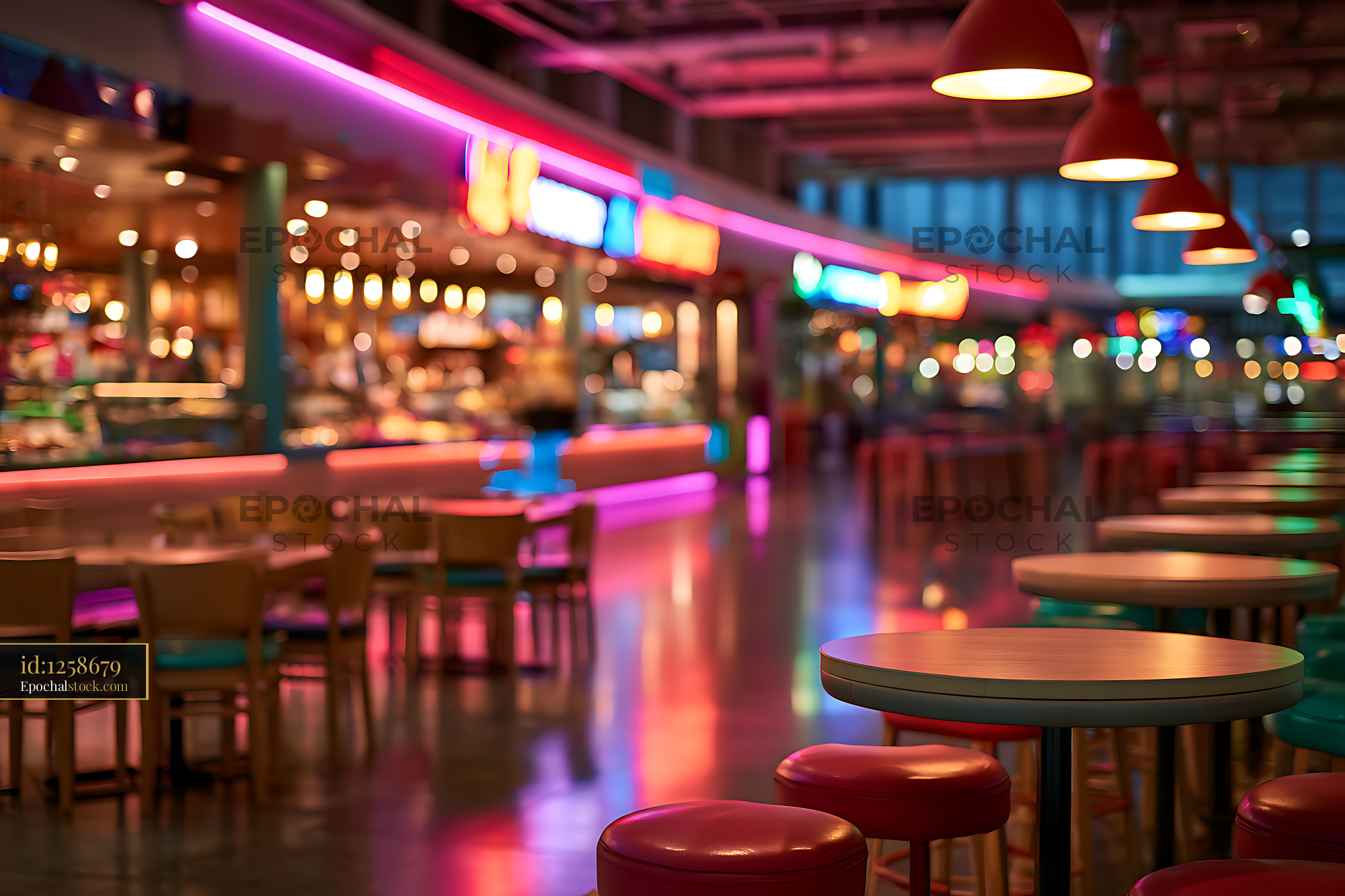 Watermarked full-resolution preview of Vibrant neon bar interior with reflective floors
