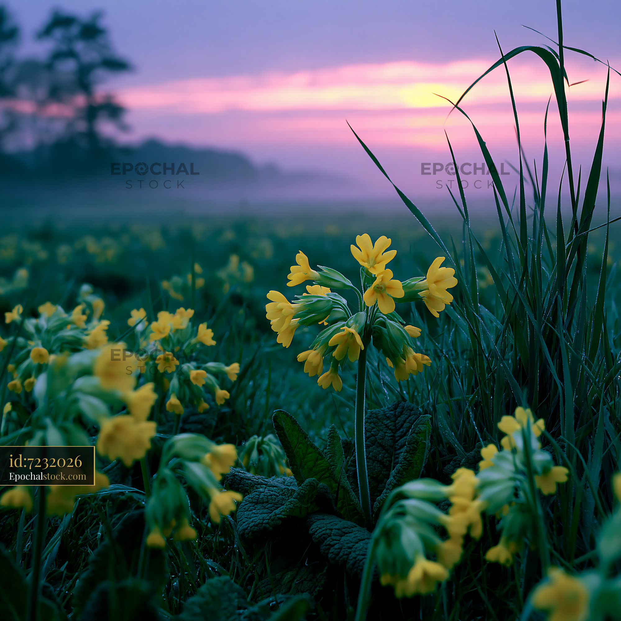 Watermarked full-resolution preview of Yellow flowers bloom in a field at sunrise
