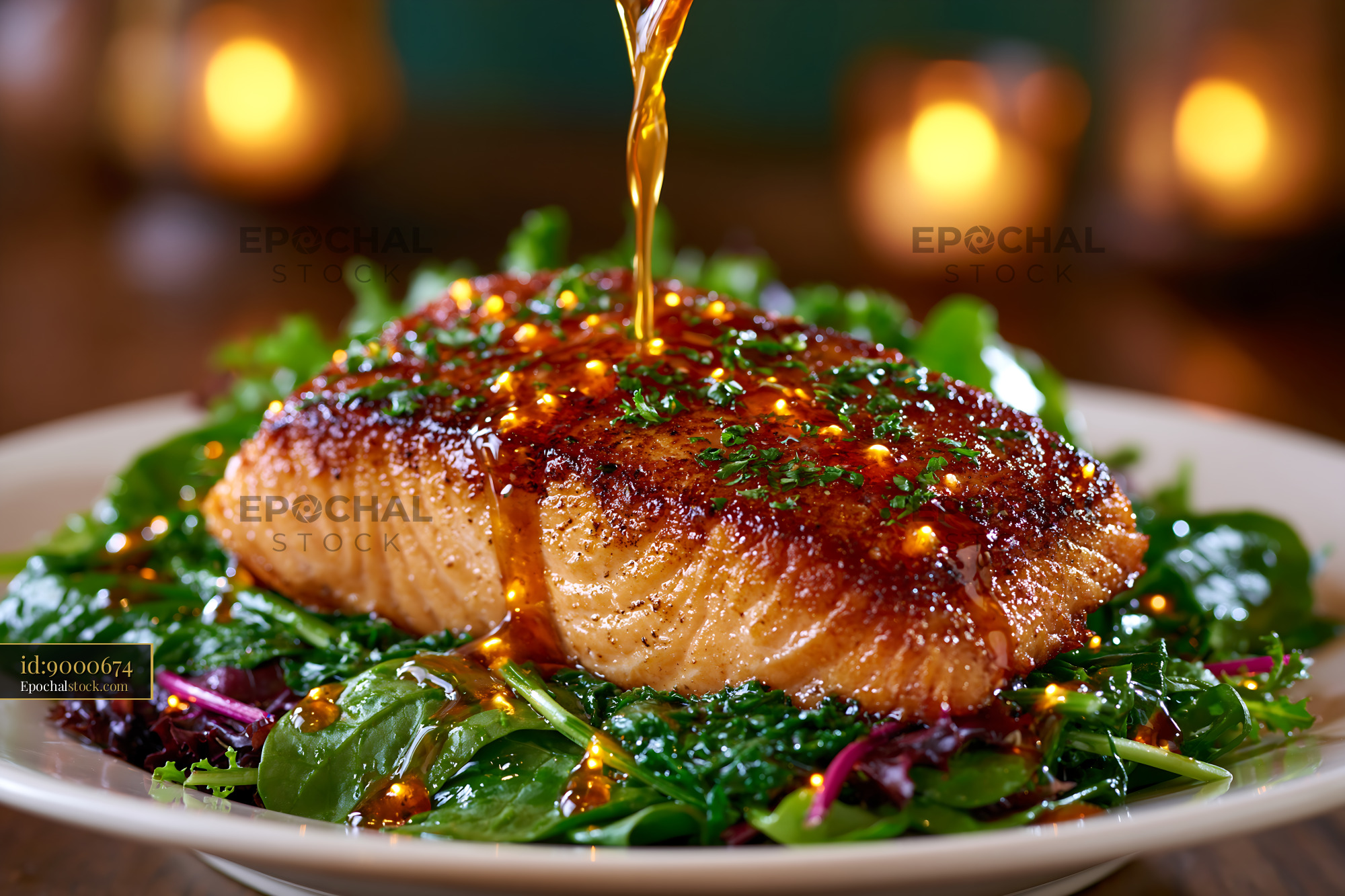 Watermarked full-resolution preview of Salmon dish with greens and sauce served on a plate