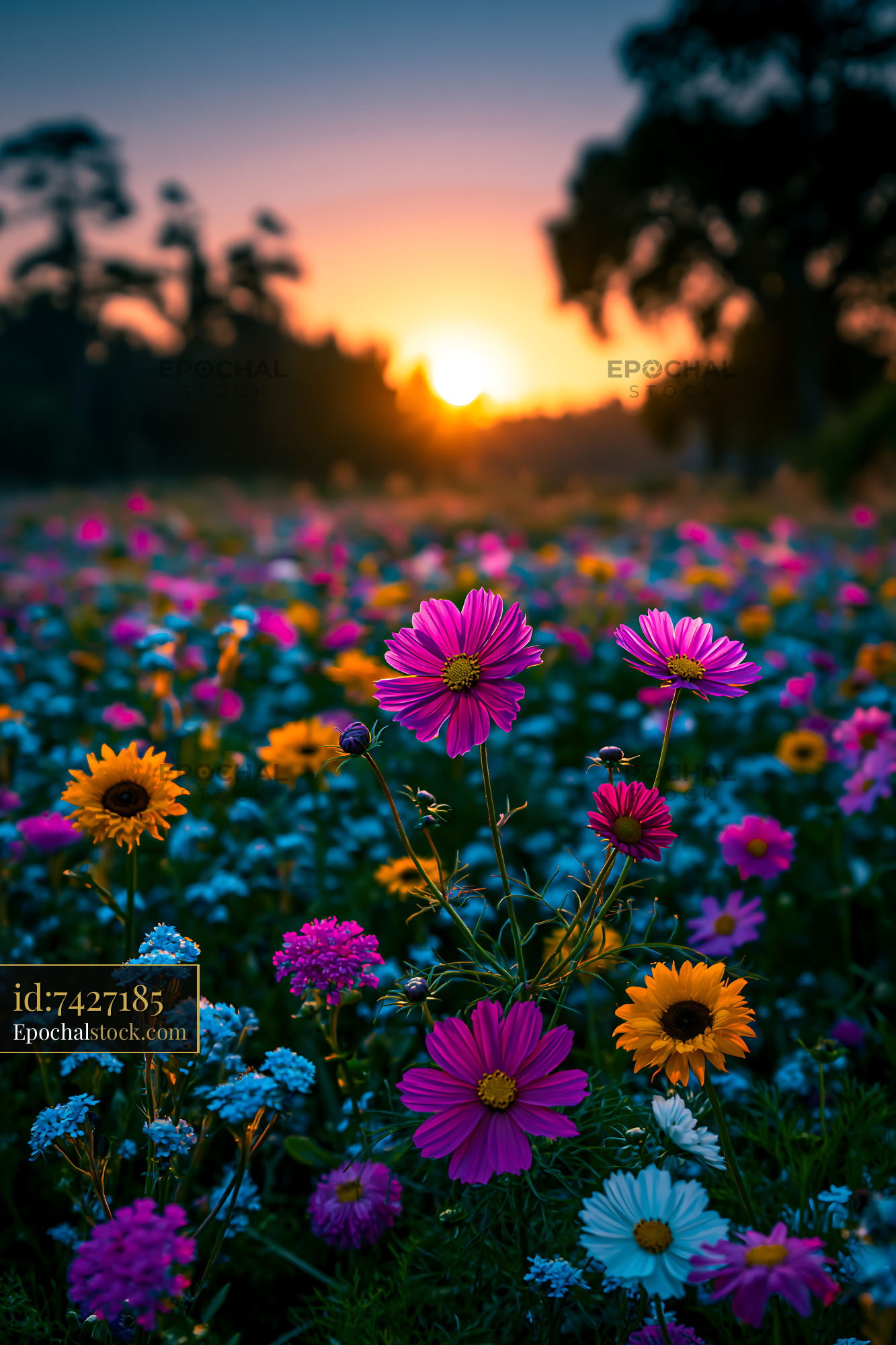 Watermarked full-resolution preview of Colorful wildflowers bloom at sunset in a field