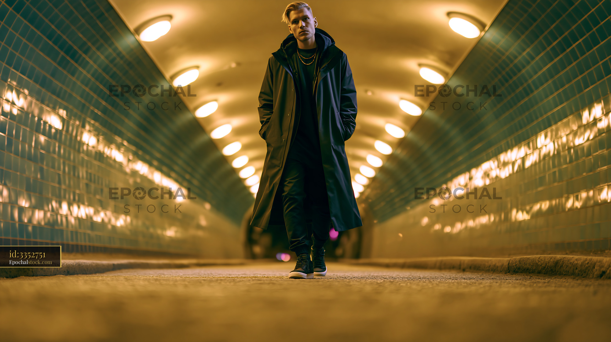 Watermarked full-resolution preview of Man walking in a tunnel with blue tiles and warm lights