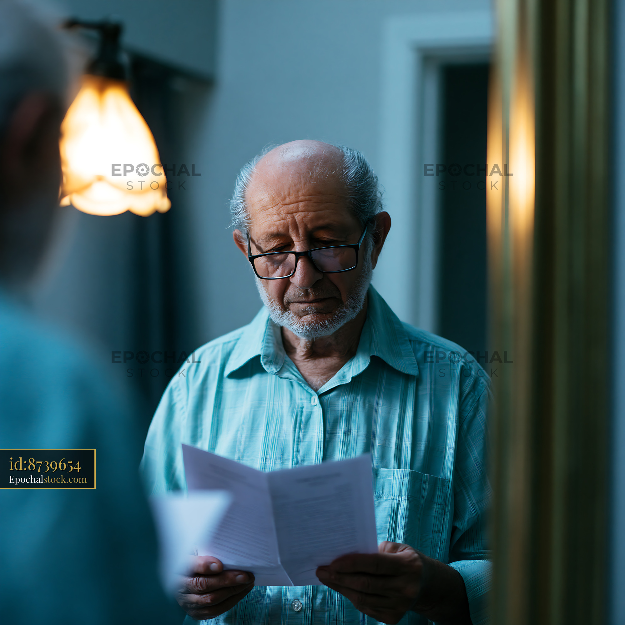 Watermarked full-resolution preview of Elderly man reading a document in a room with soft lighting
