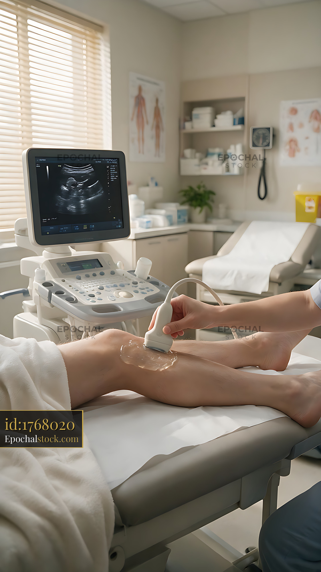 Watermarked full-resolution preview of Sonographer using ultrasound probe on patient leg