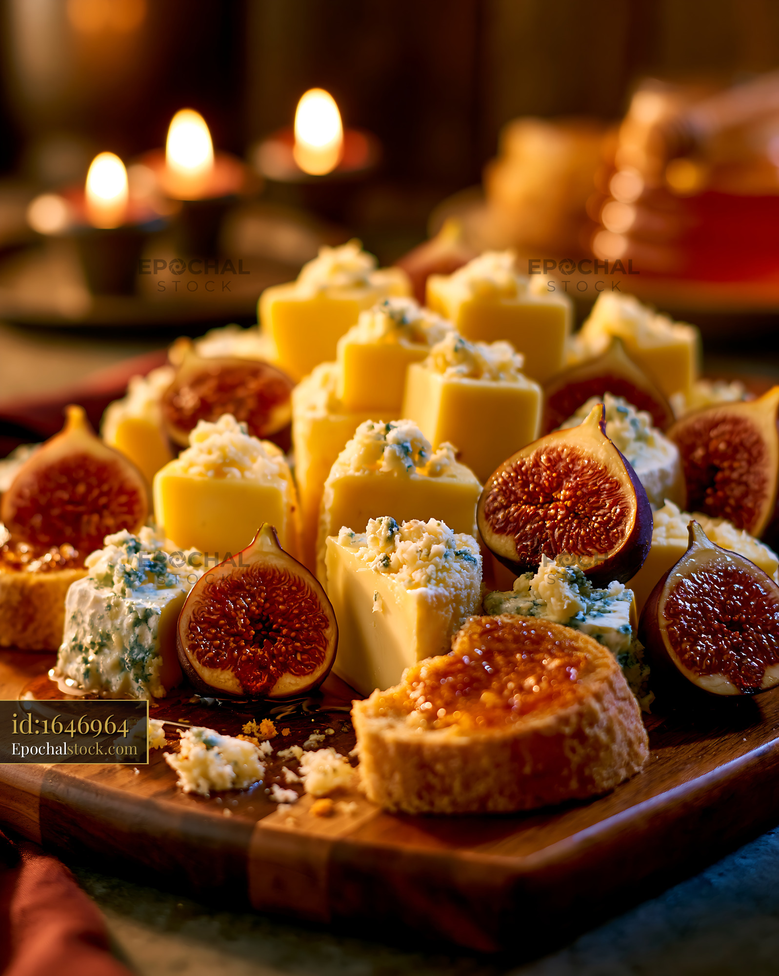Watermarked full-resolution preview of Cheese and fig platter with honey on a wooden board