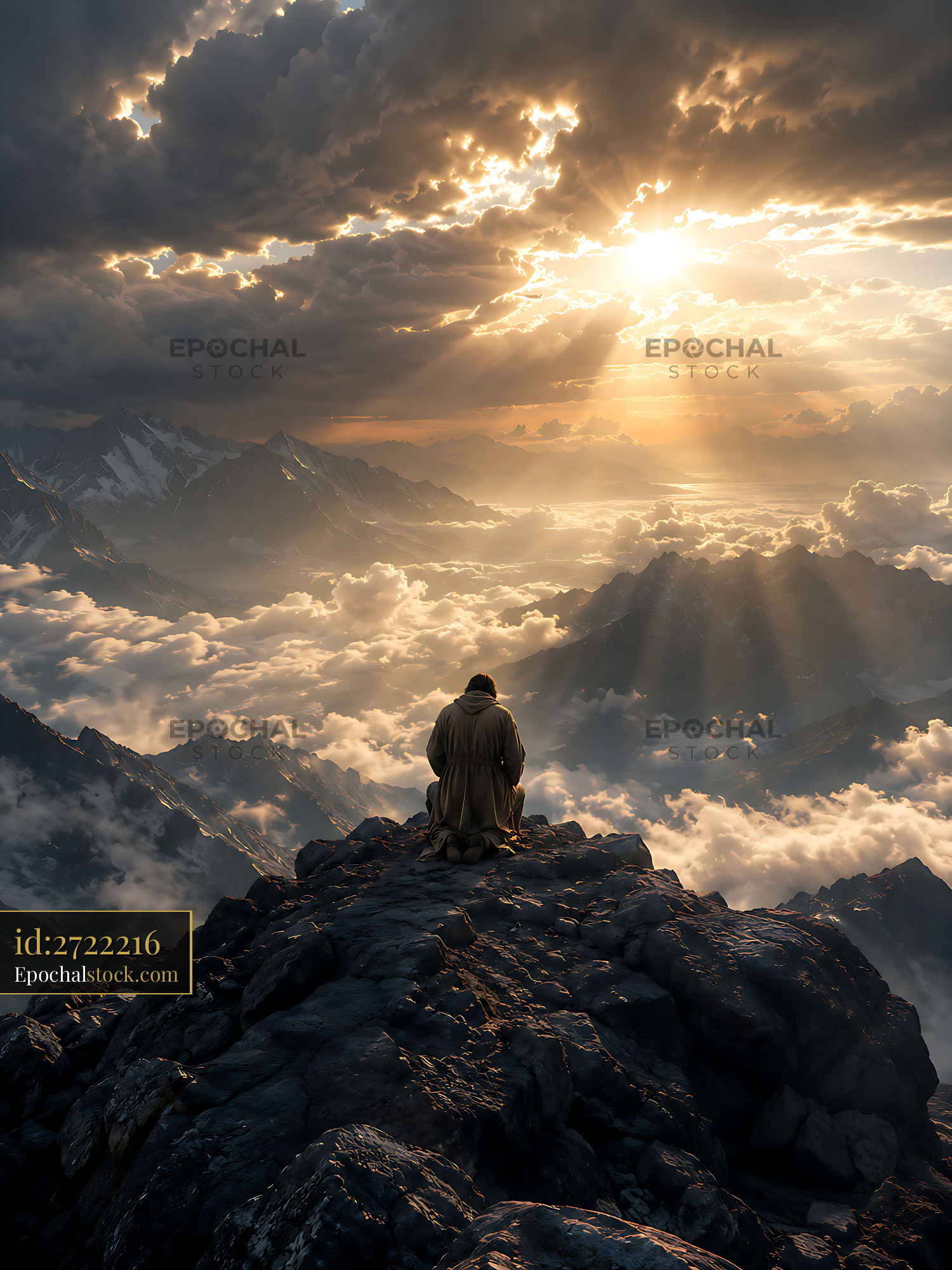 Watermarked full-resolution preview of Sunrise over mountains with a person sitting on a rocky peak