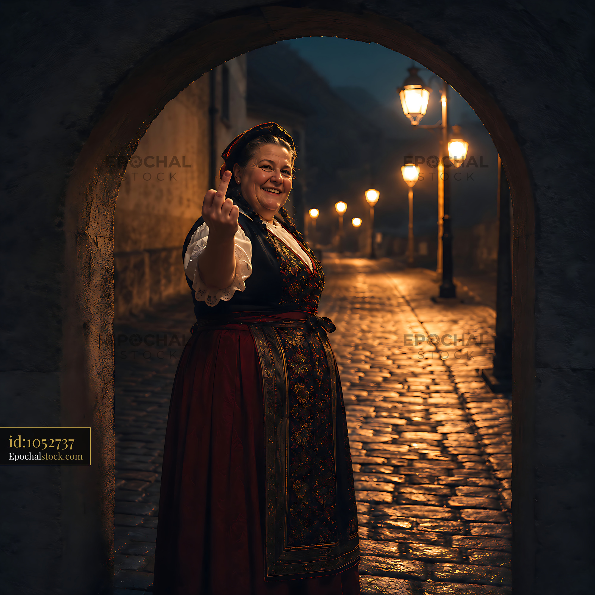 Watermarked full-resolution preview of Woman in traditional dress poses in a historic alley at night