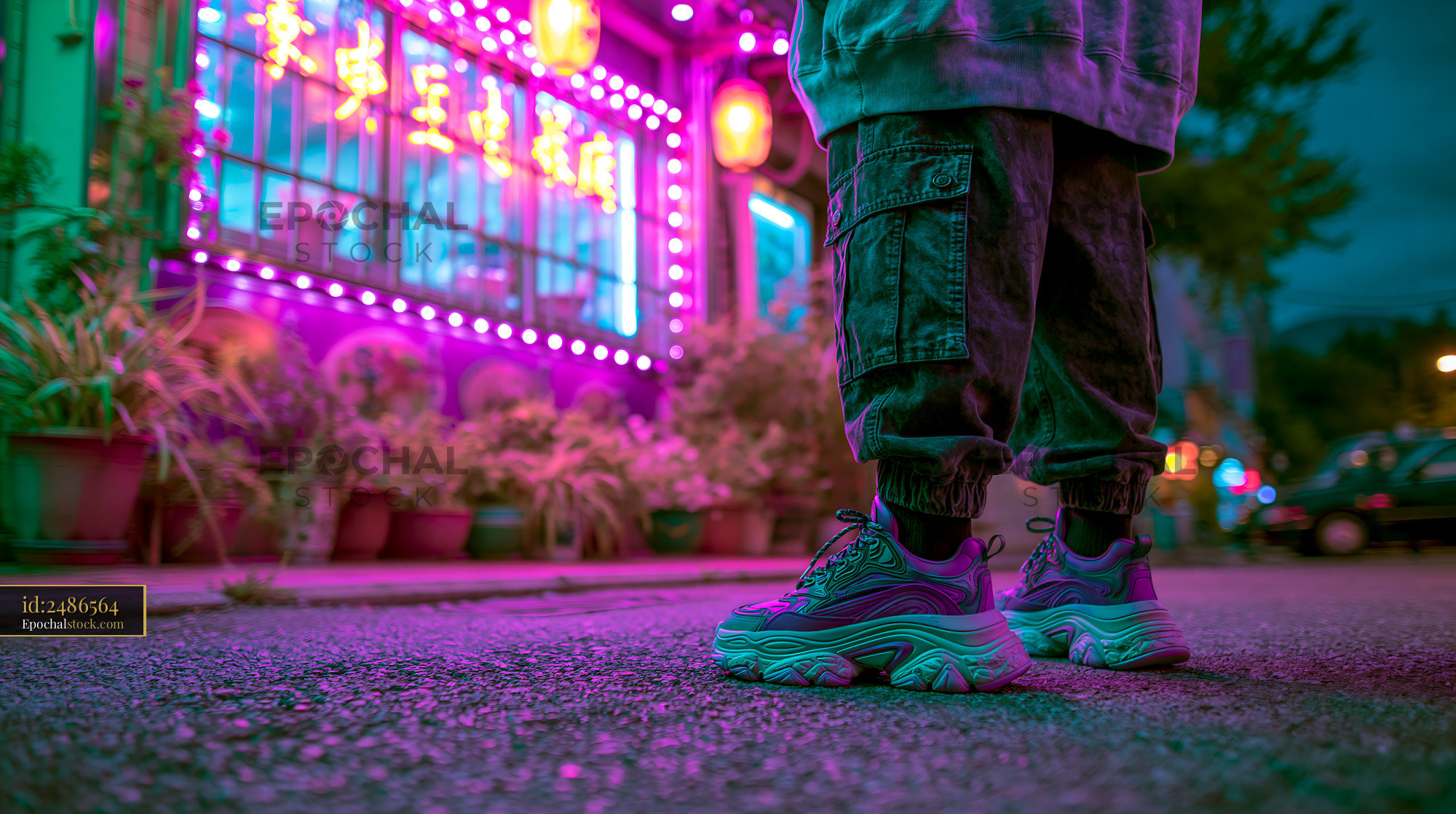 Watermarked full-resolution preview of Person stands near colorful lights on a street at night