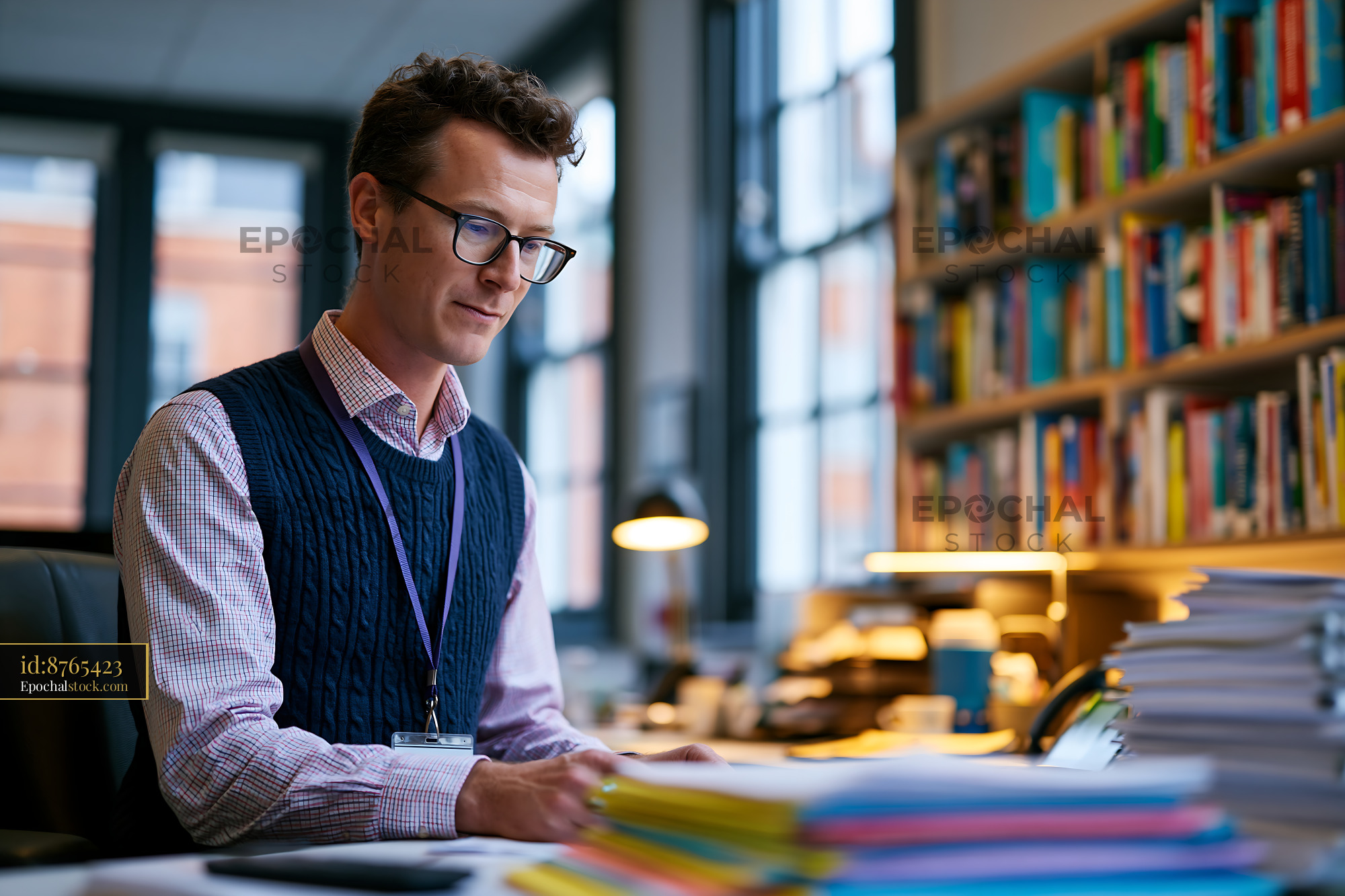 Watermarked full-resolution preview of Man working at desk in library with books and documents