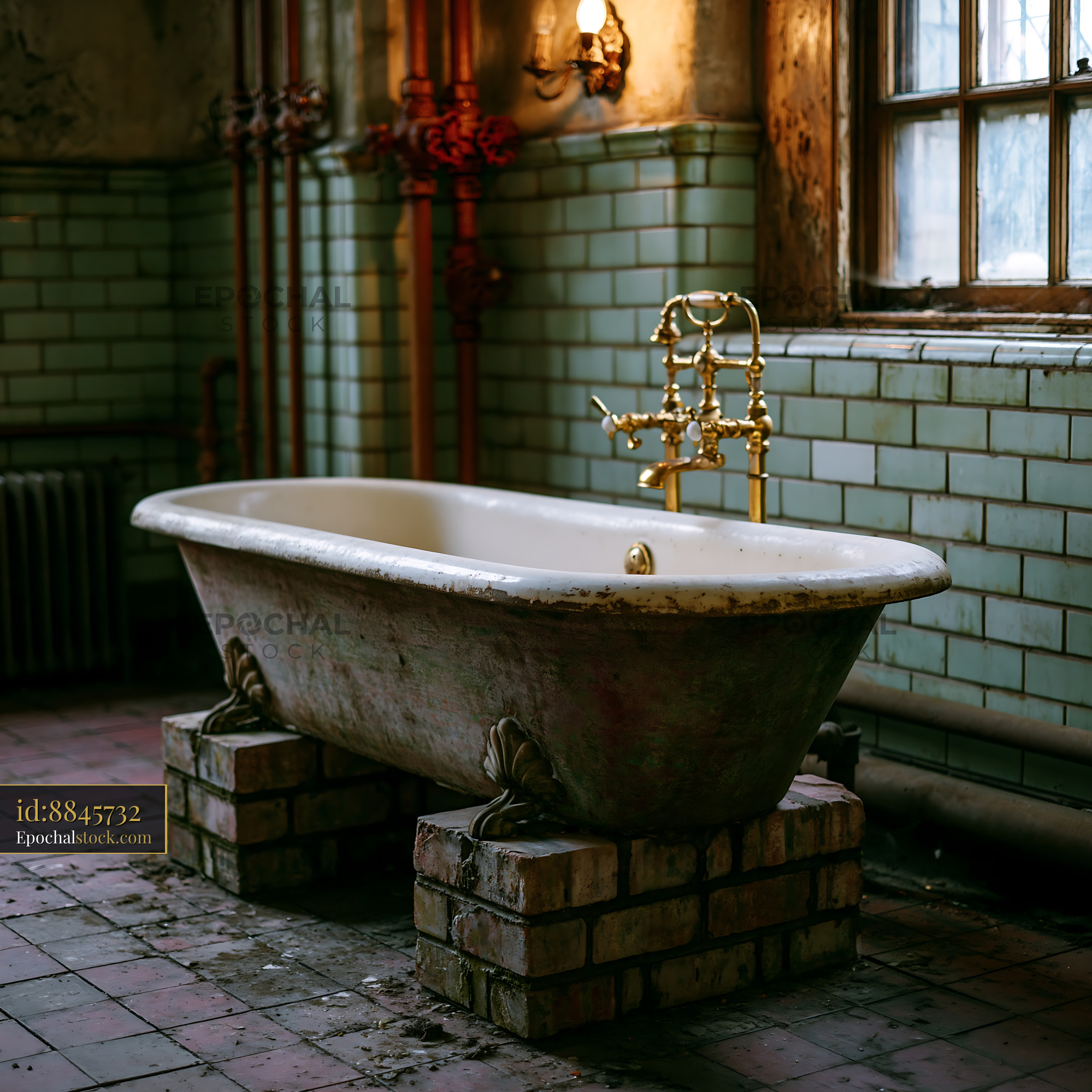 Watermarked full-resolution preview of Old bathtub in an abandoned room with peeling walls