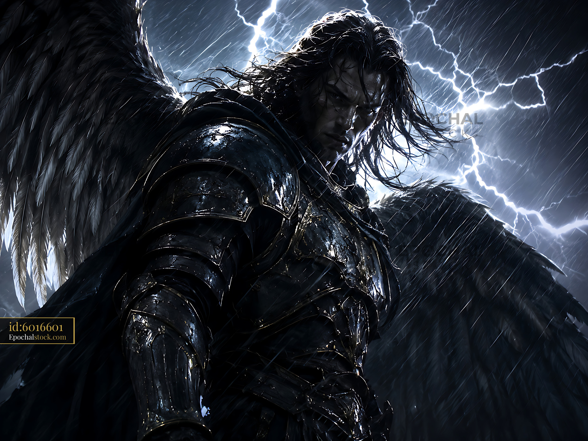 Watermarked full-resolution preview of Dark warrior with wings in stormy weather