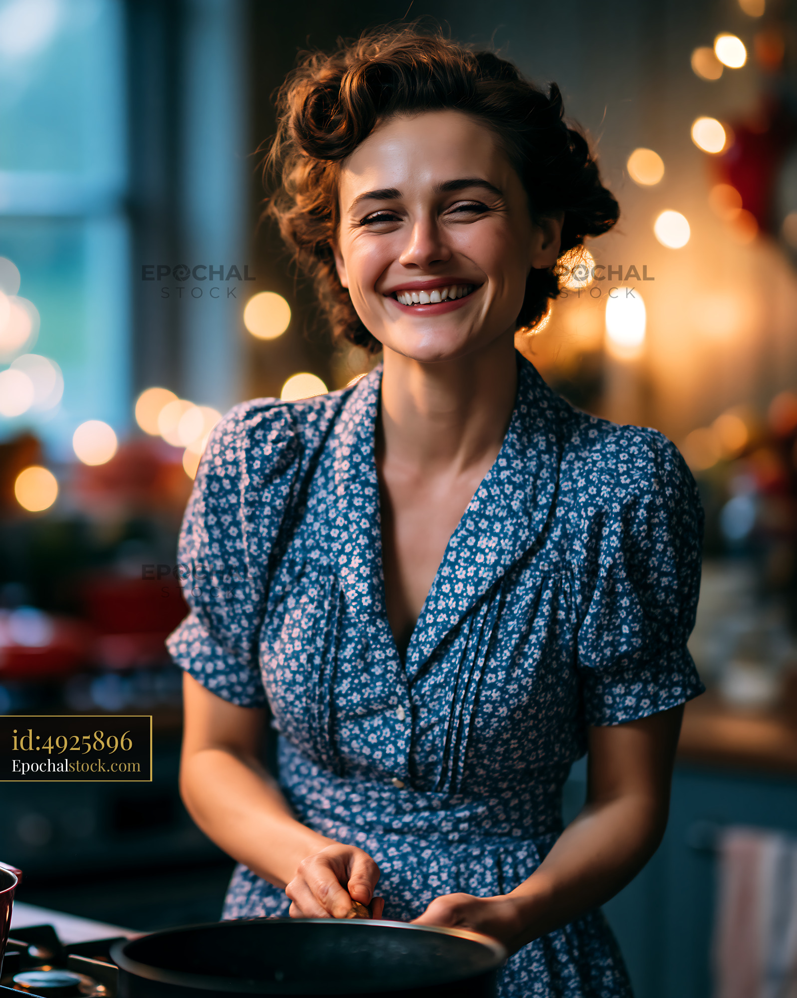 Watermarked full-resolution preview of Woman cooking in a cozy kitchen with soft lights
