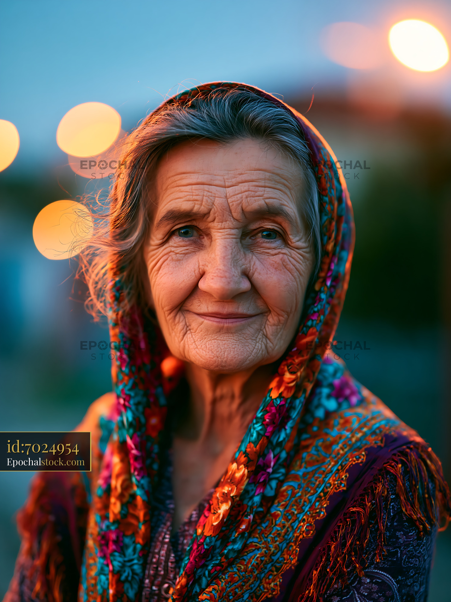 Watermarked full-resolution preview of Elderly woman smiling at dusk with warm lights in background