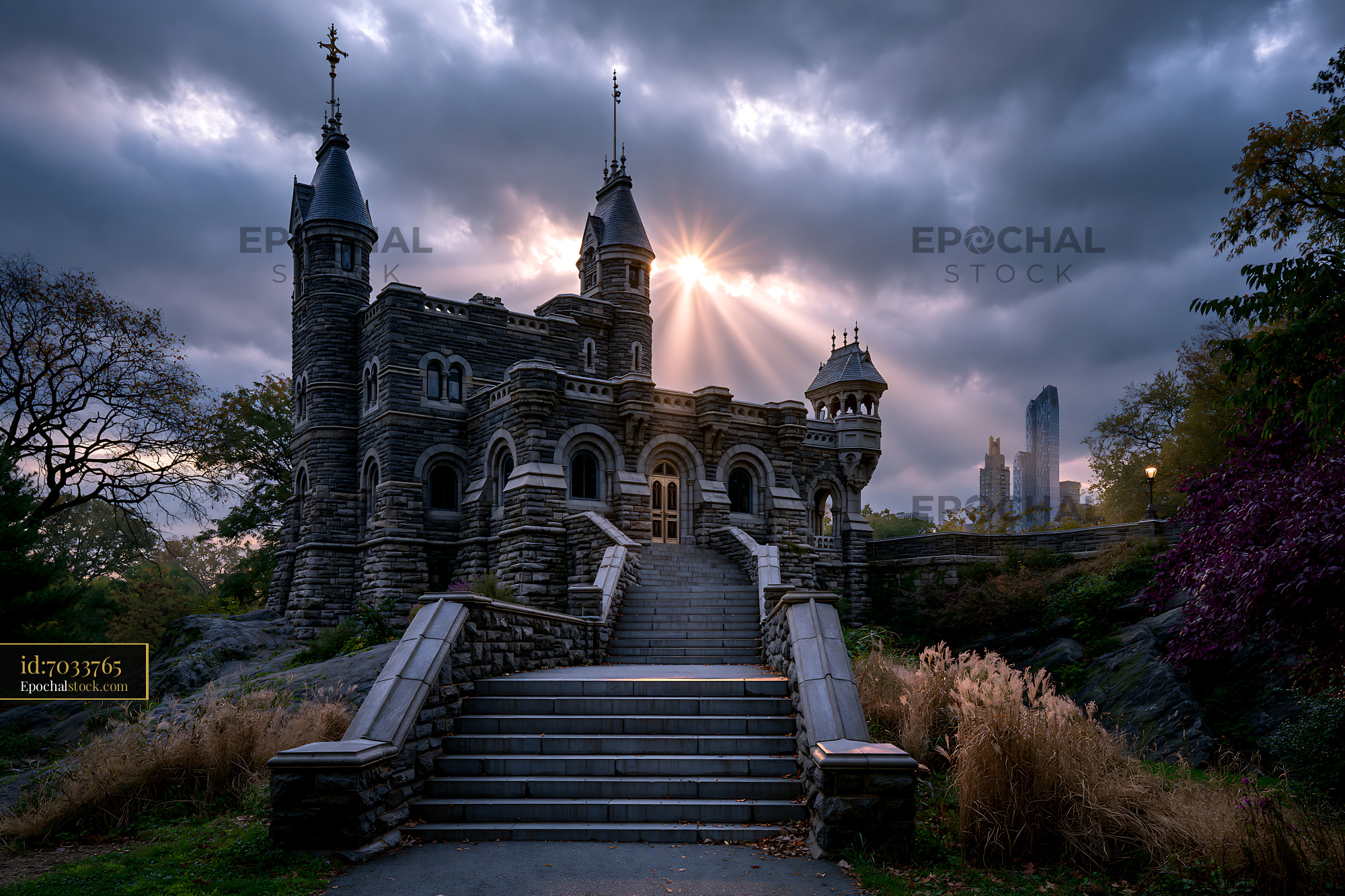 Watermarked full-resolution preview of Castle structure with towers and steps under a cloudy sky