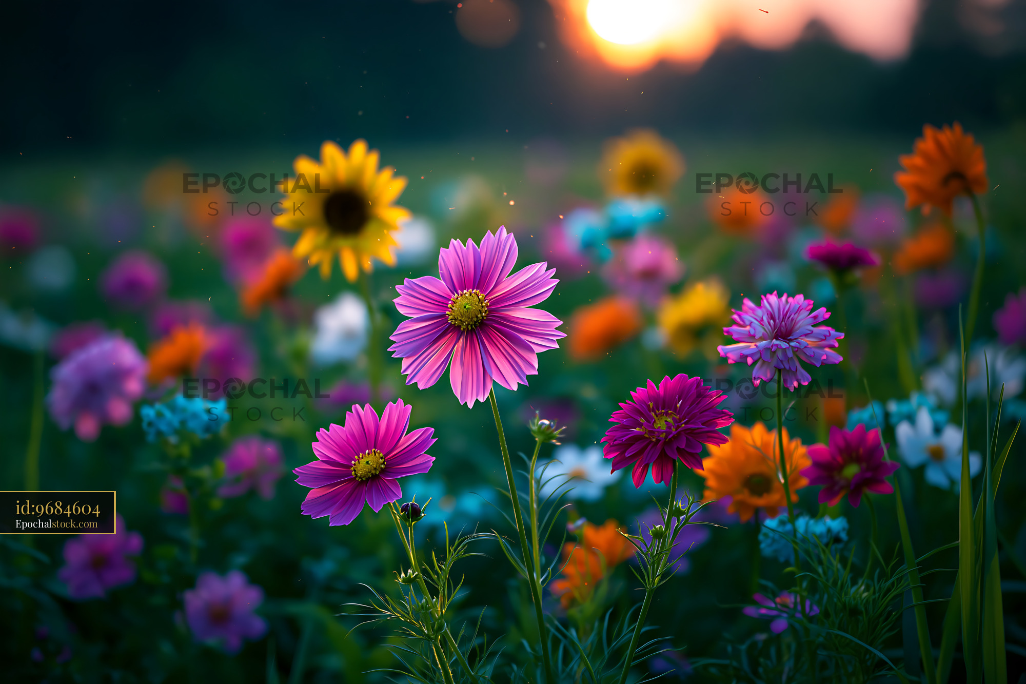 Watermarked full-resolution preview of Colorful flowers in a field during sunset