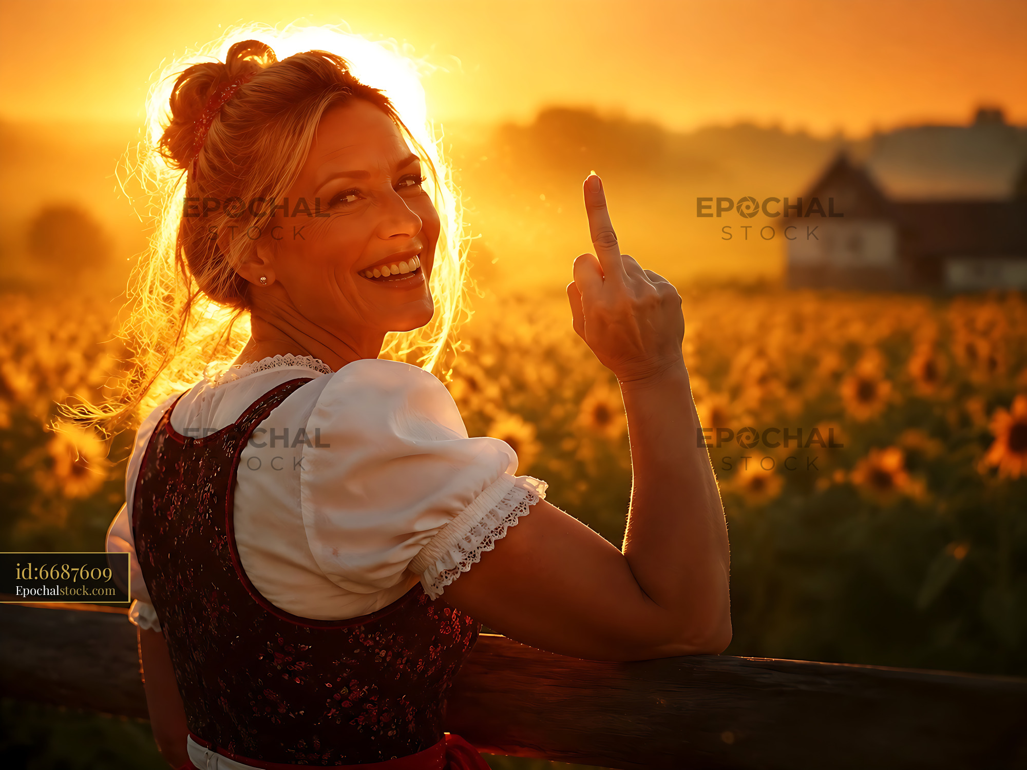 Watermarked full-resolution preview of Woman in traditional dress smiles in sunflower field at sunset