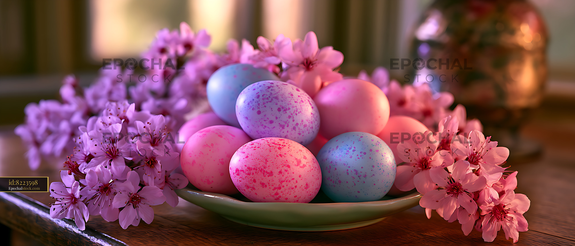 Watermarked full-resolution preview of Colorful eggs and pink blossoms in a warm spring still life