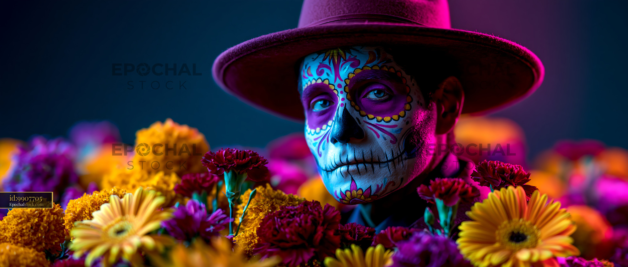 Watermarked full-resolution preview of Person with decorative skull face paint surrounded by flowers