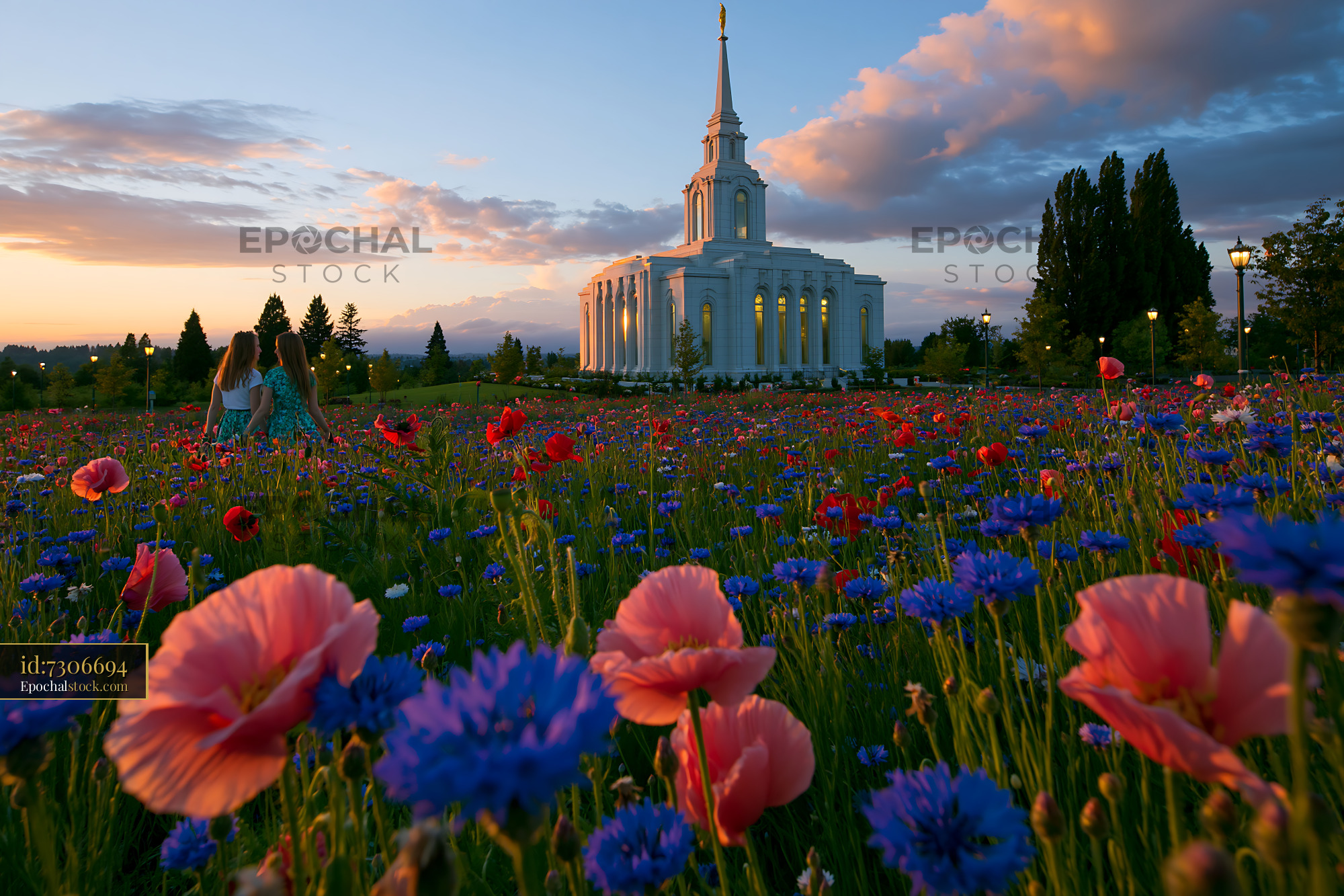 Watermarked full-resolution preview of Field of flowers with church at sunset