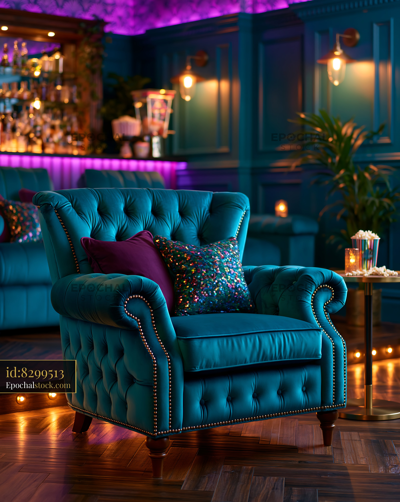 Watermarked full-resolution preview of Cozy teal armchair in a vibrant bar with purple lighting