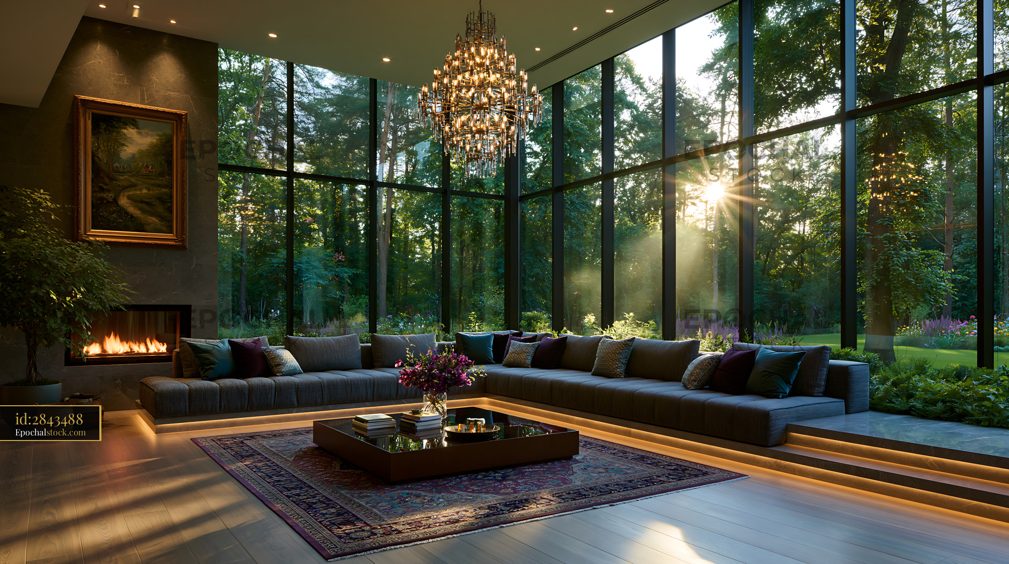 Watermarked full-resolution preview of Modern living room with large windows and forest view