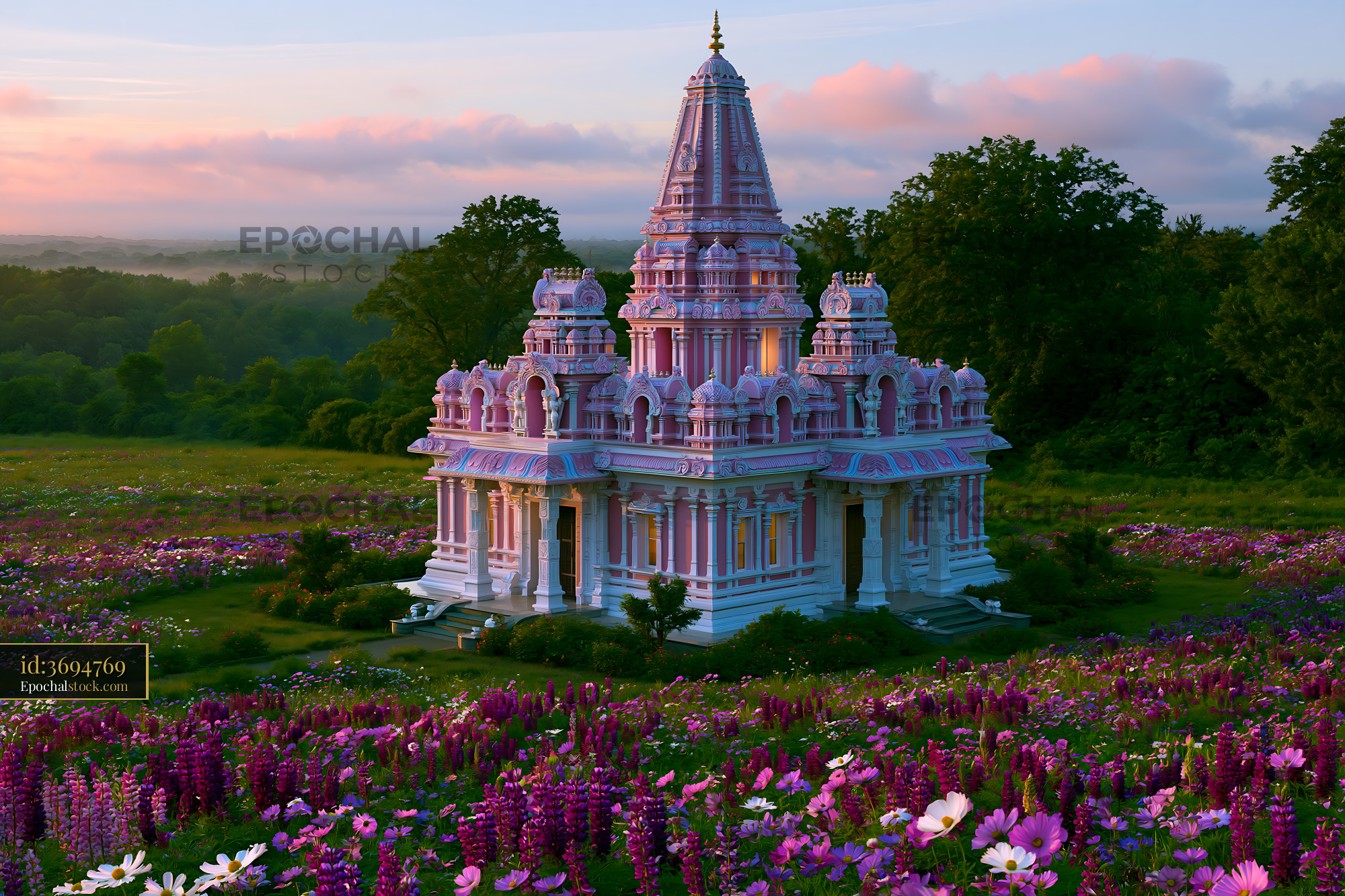 Watermarked full-resolution preview of Temple surrounded by flowers at sunset in a green landscape