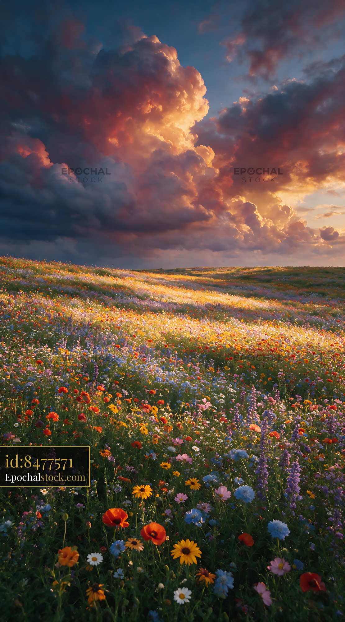 Watermarked full-resolution preview of Colorful wildflower field under dramatic clouds at sunset