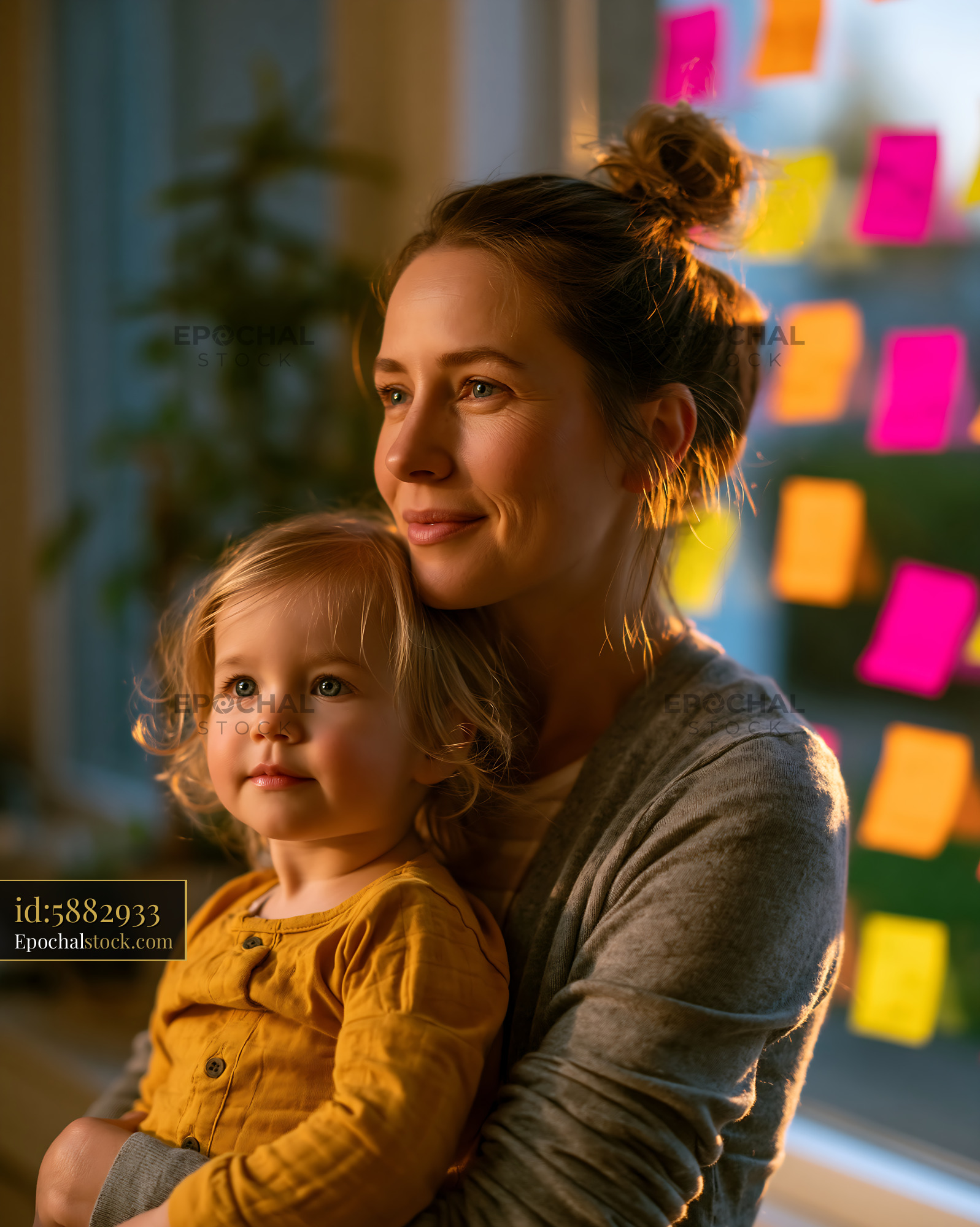 Watermarked full-resolution preview of Mother and child near colorful sticky notes at home