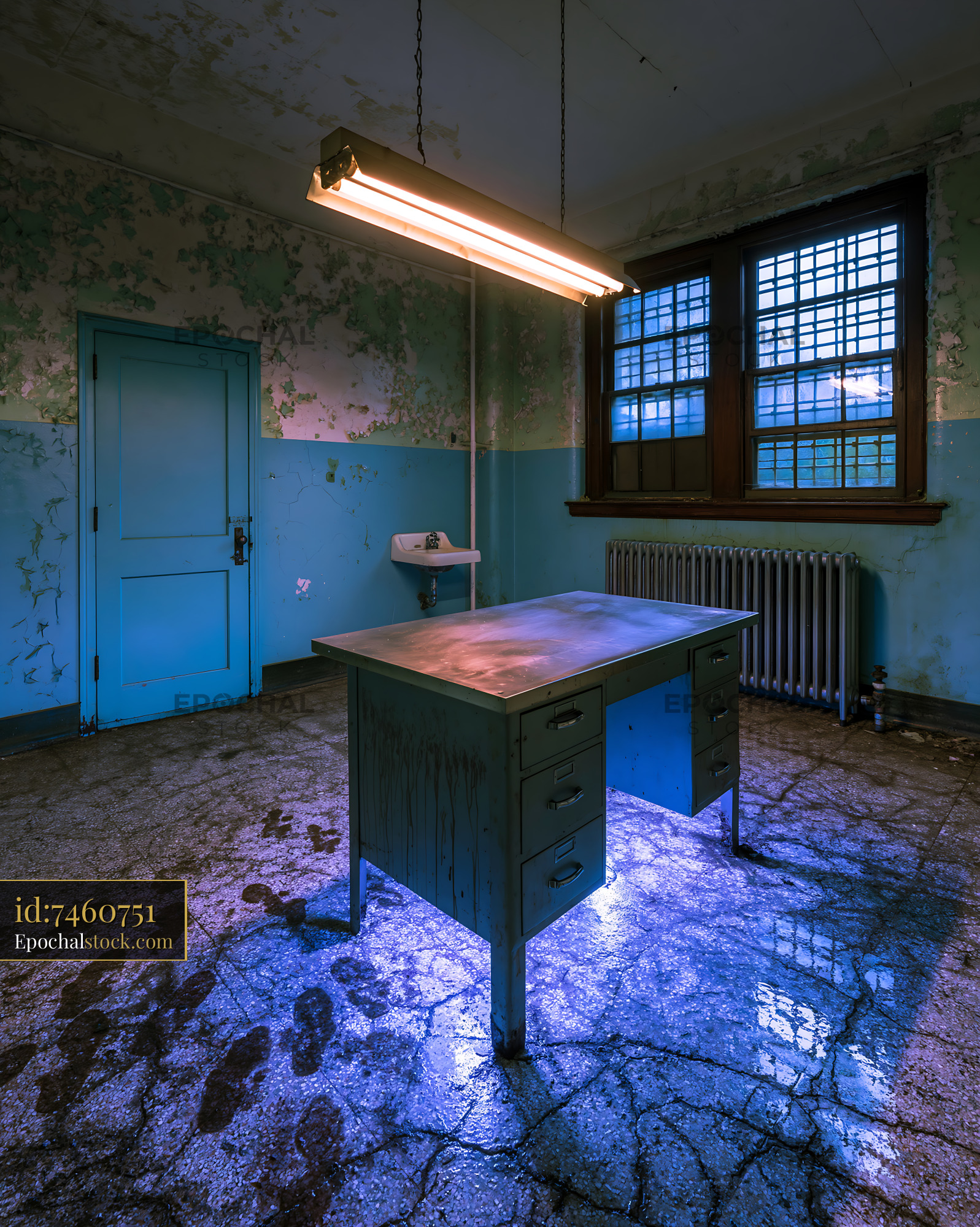 Watermarked full-resolution preview of Abandoned room with a desk and overhead lighting