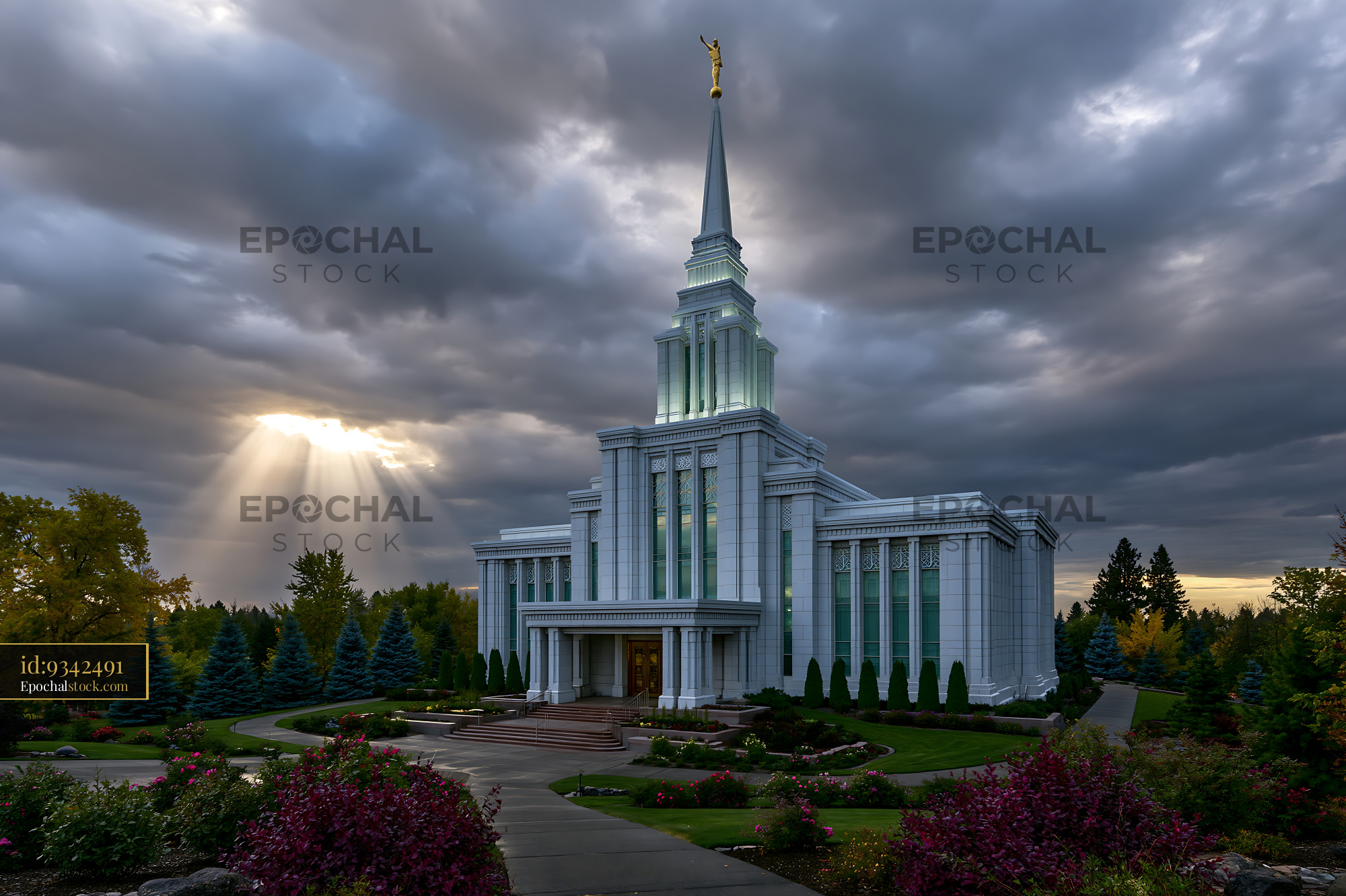 Watermarked full-resolution preview of Church building with spire under cloudy skies