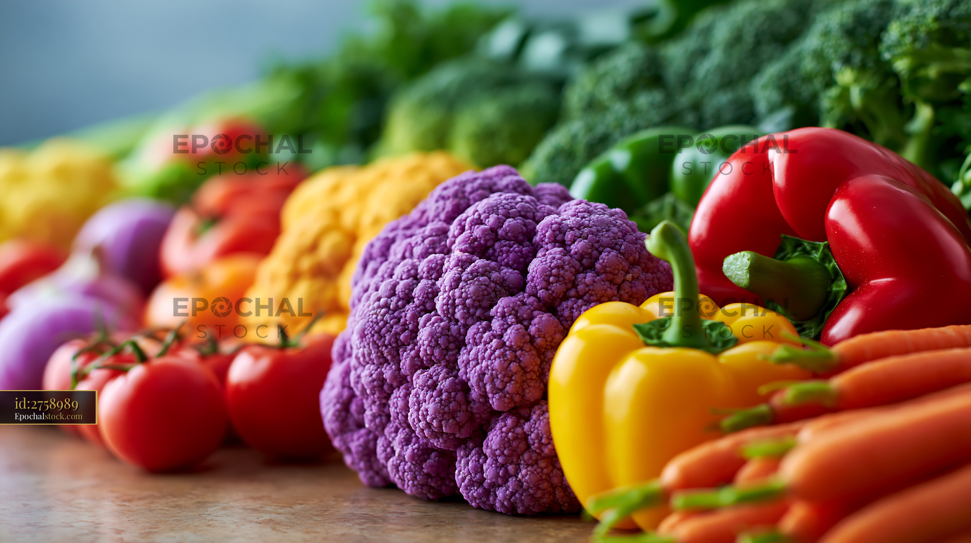 Watermarked full-resolution preview of Colorful selection of fresh vegetables on a wooden table