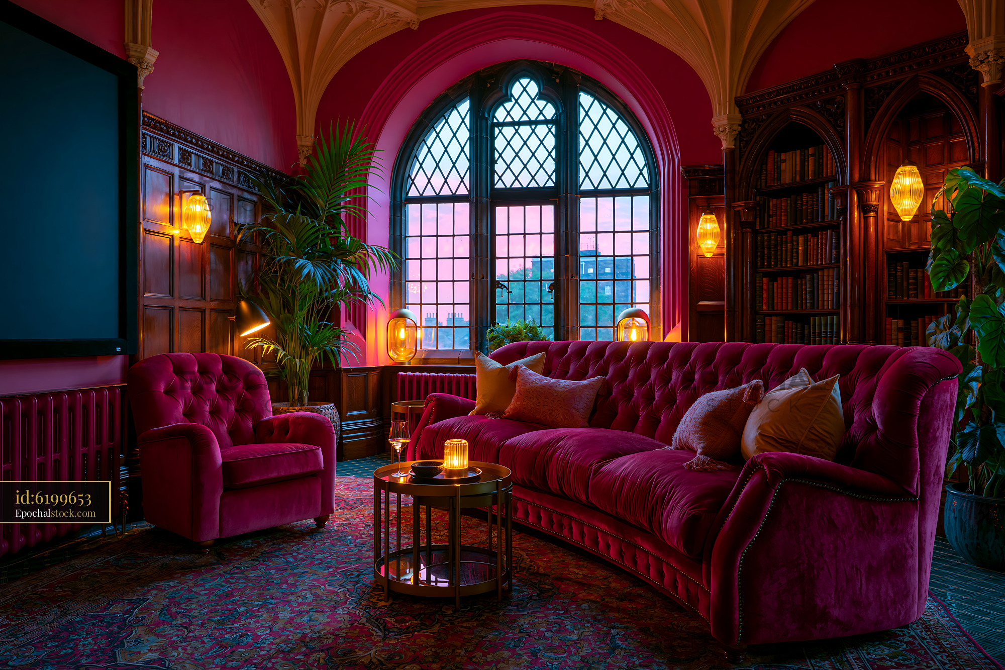 Watermarked full-resolution preview of Cozy living room with velvet furniture and large windows at dusk