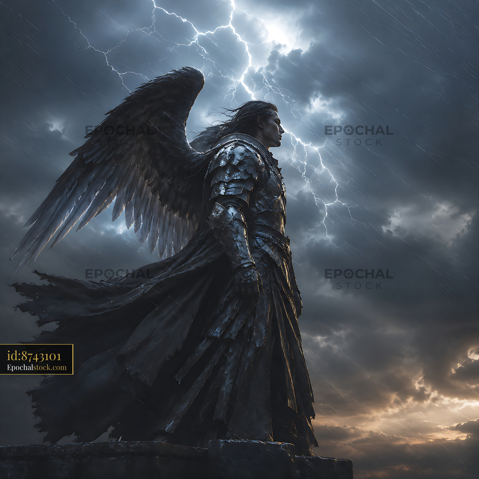 Watermarked full-resolution preview of Dramatic angel statue with wings under stormy sky