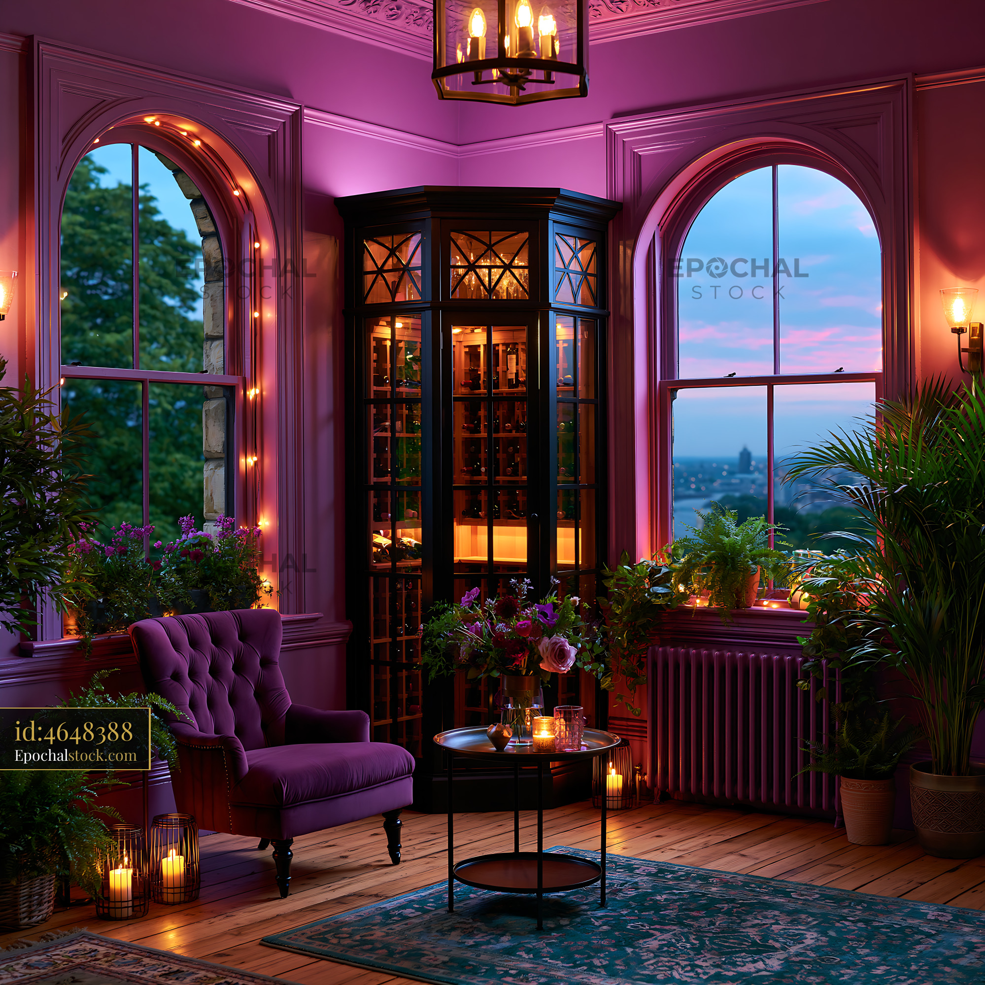 Watermarked full-resolution preview of Cozy interior room with purple walls and a view at sunset